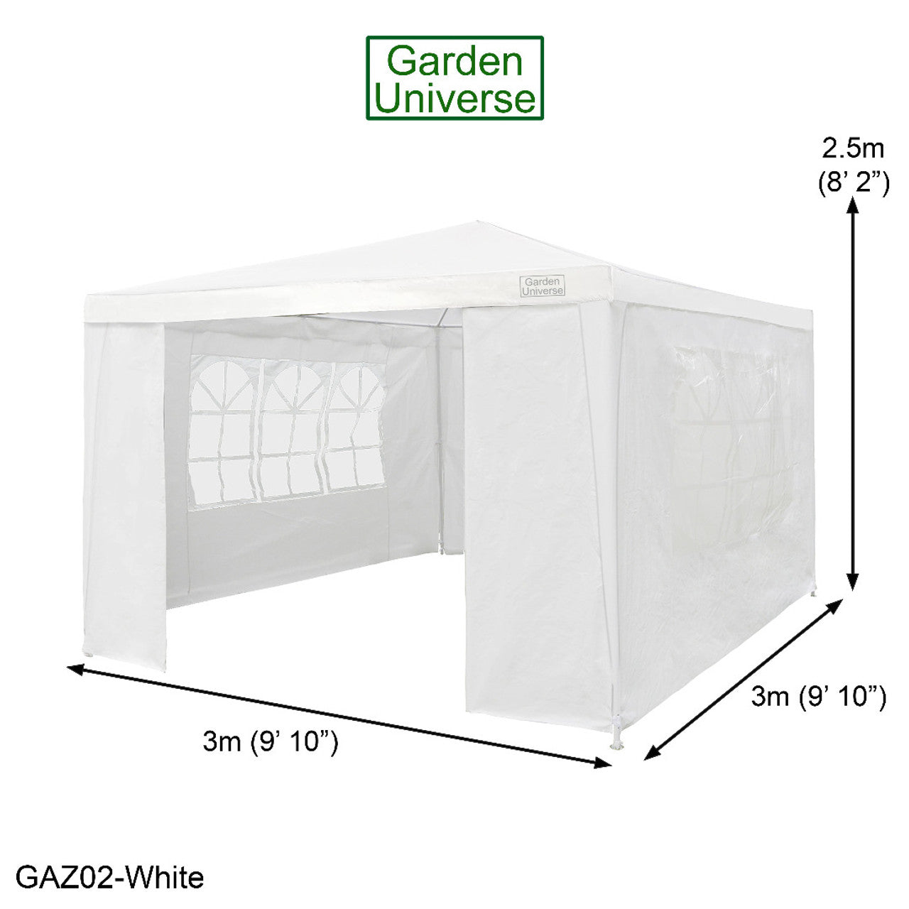 Gazebo 3 x 3m with Four Walls Steel Frame White GAZ02-White