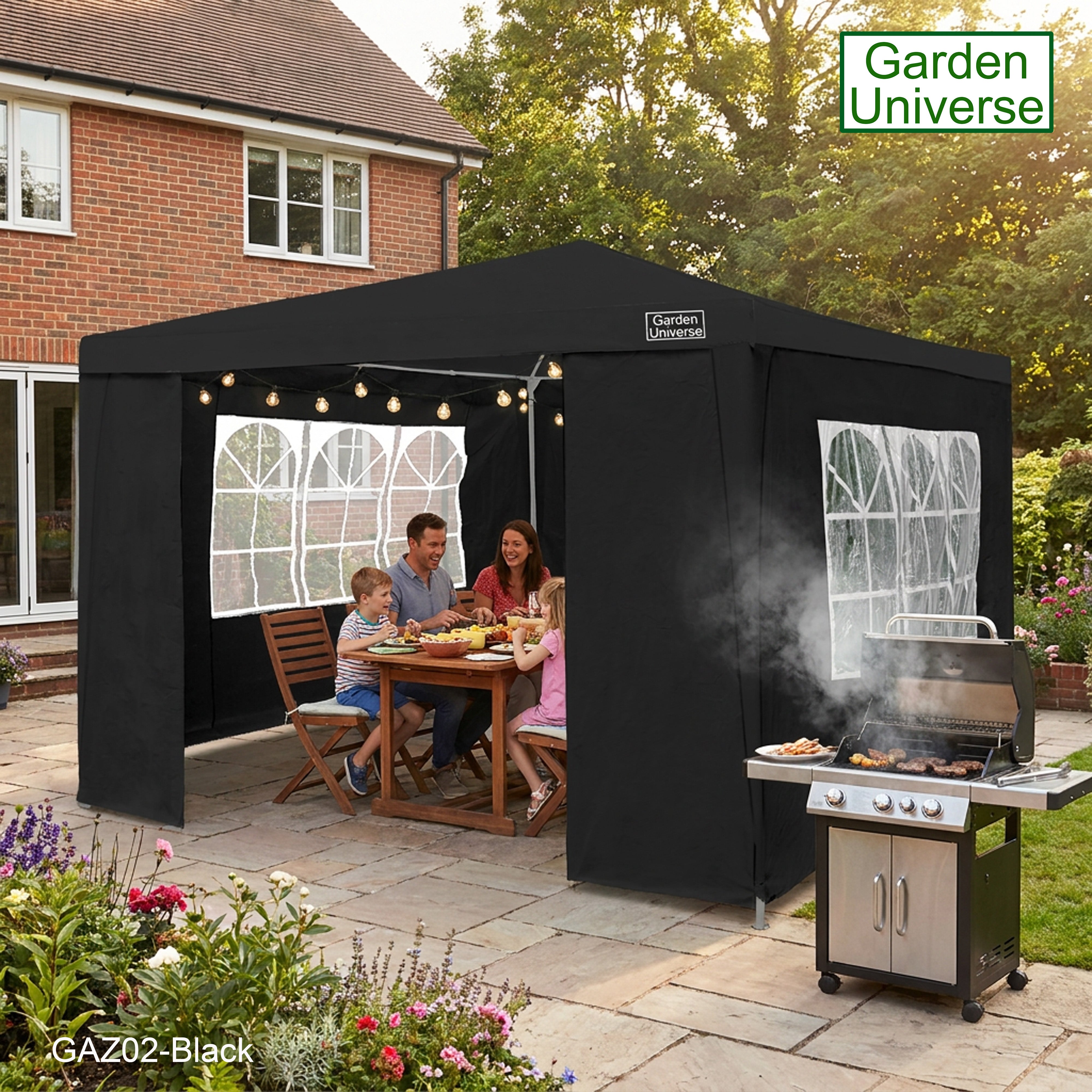 Gazebo 3 x 3m with Four Walls Steel Frame Black GAZ02-Black