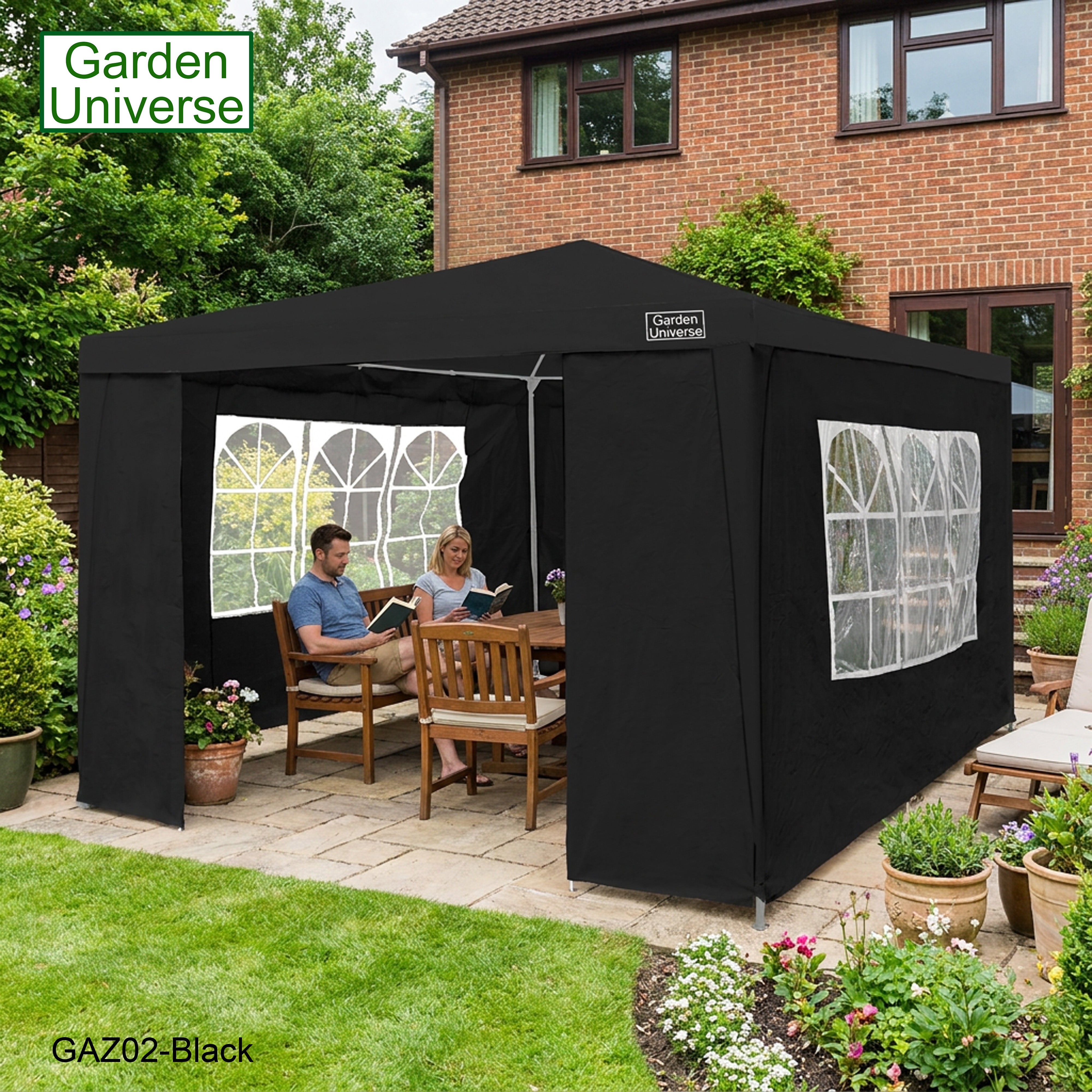Gazebo 3 x 3m with Four Walls Steel Frame Black GAZ02-Black