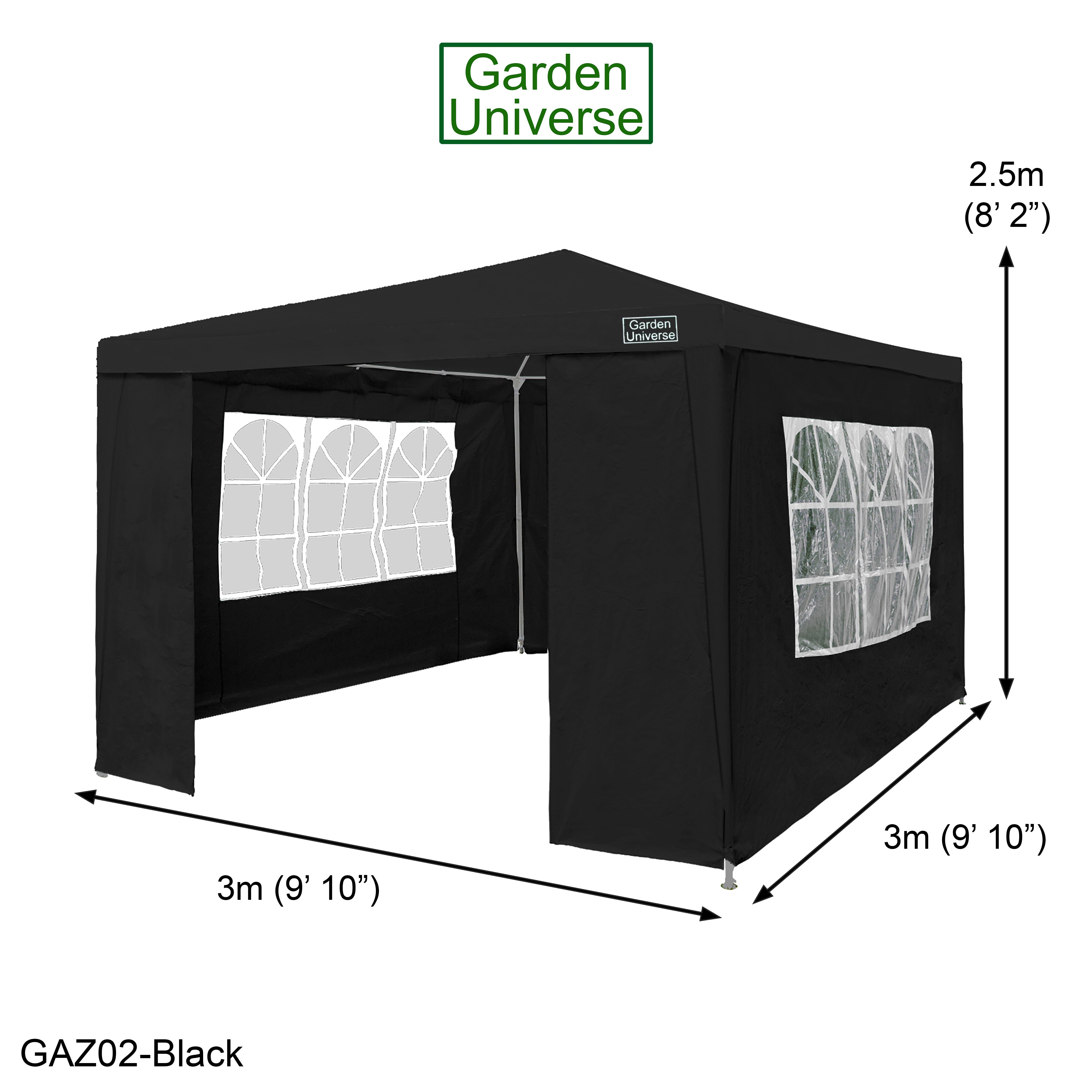 Gazebo 3 x 3m with Four Walls Steel Frame Black GAZ02-Black