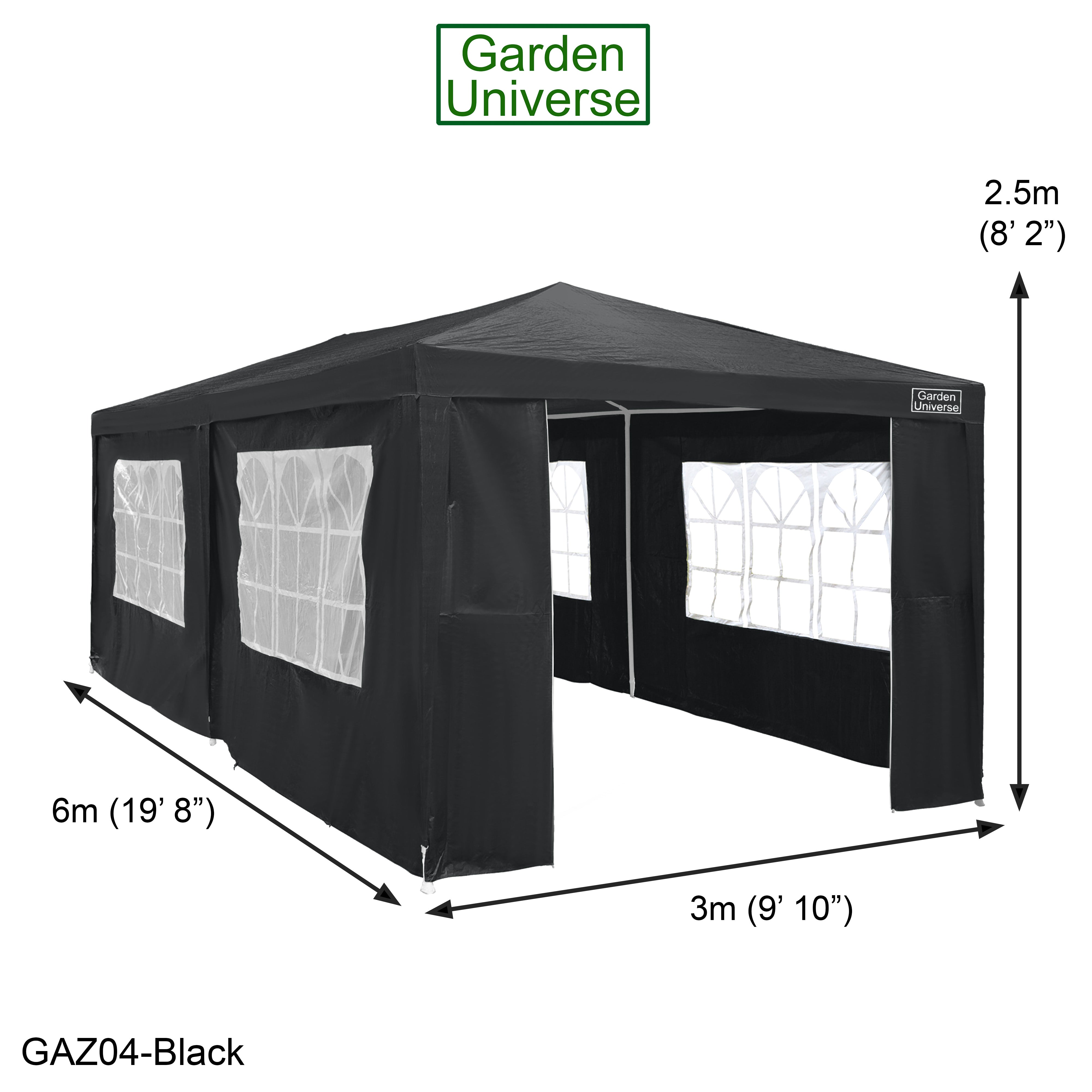 Gazebo 3m x 6m Party Tent with Four Walls Steel Frame XL Marquee - GAZ04-Black