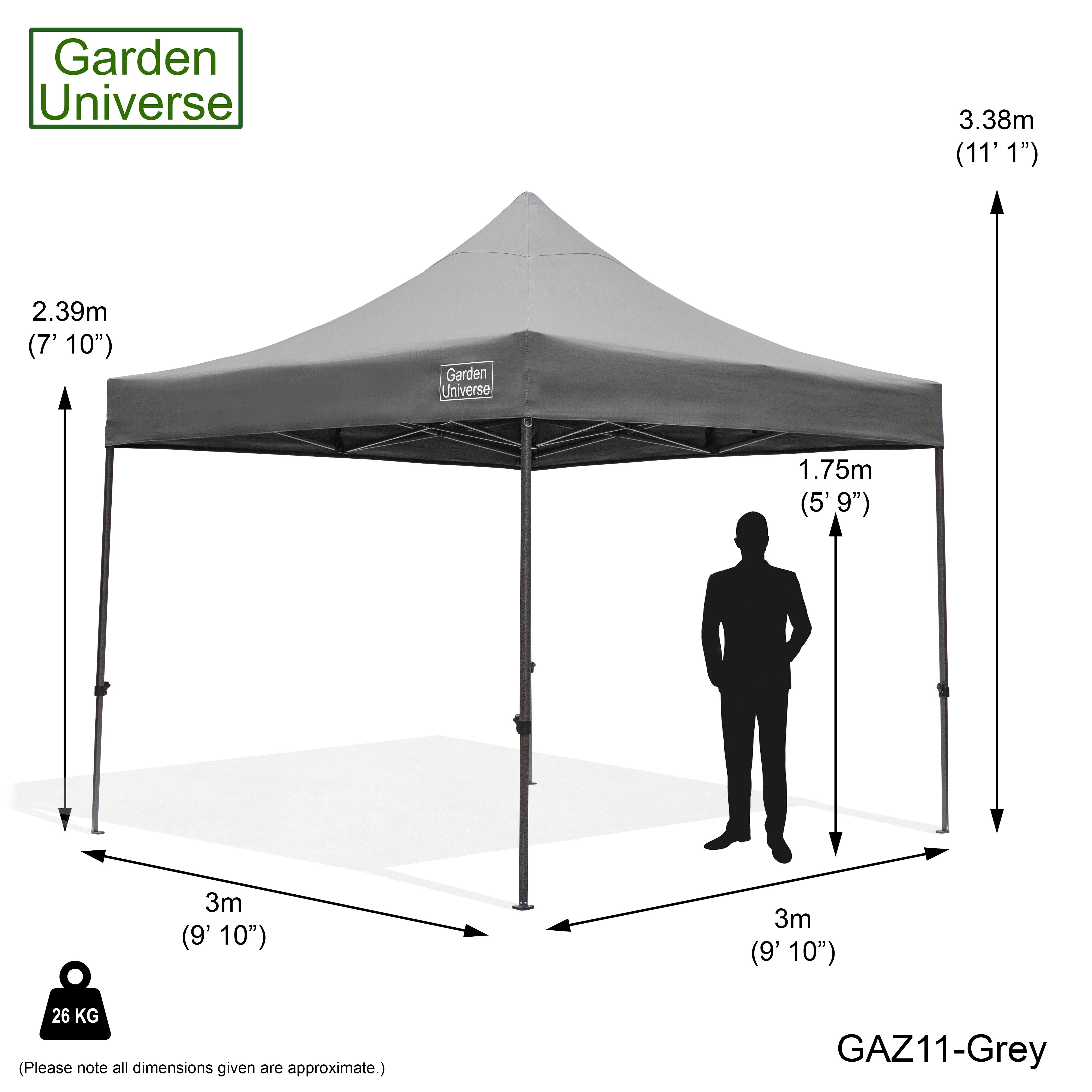 Gazebo 3m x 3m Commercial Grade Pop Up in Grey with Heavy Duty Frame GAZ11-Grey