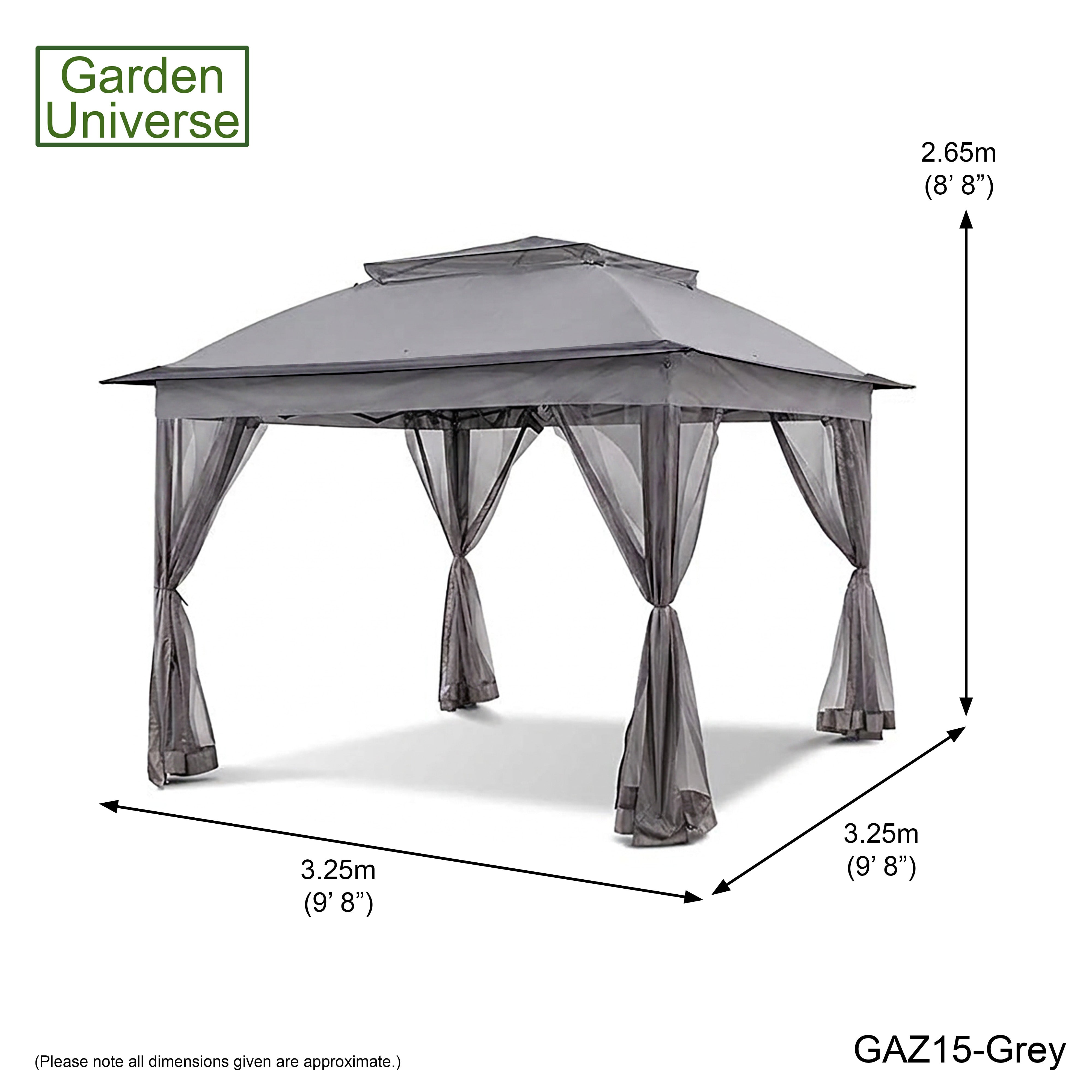 Garden Universe Gazebo with Pop-Up Frame 3.25 x 3.25m, Party Tent, Canopy, Pergola, Grey GAZ15-Grey