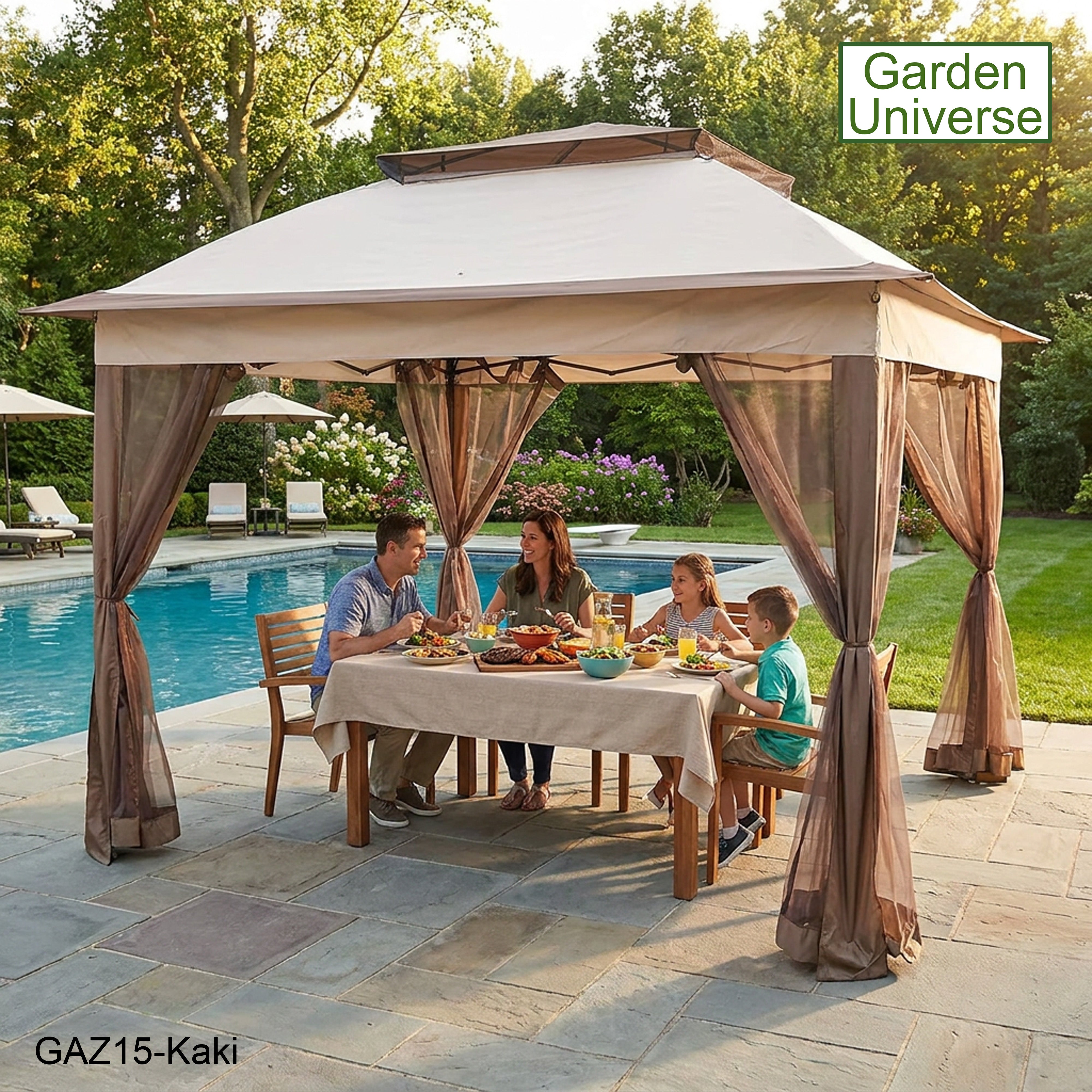 Garden Universe Gazebo with Pop-Up Frame 3.25 x 3.25m, Party Tent, Canopy, Pergola, Kaki GAZ15-Kaki