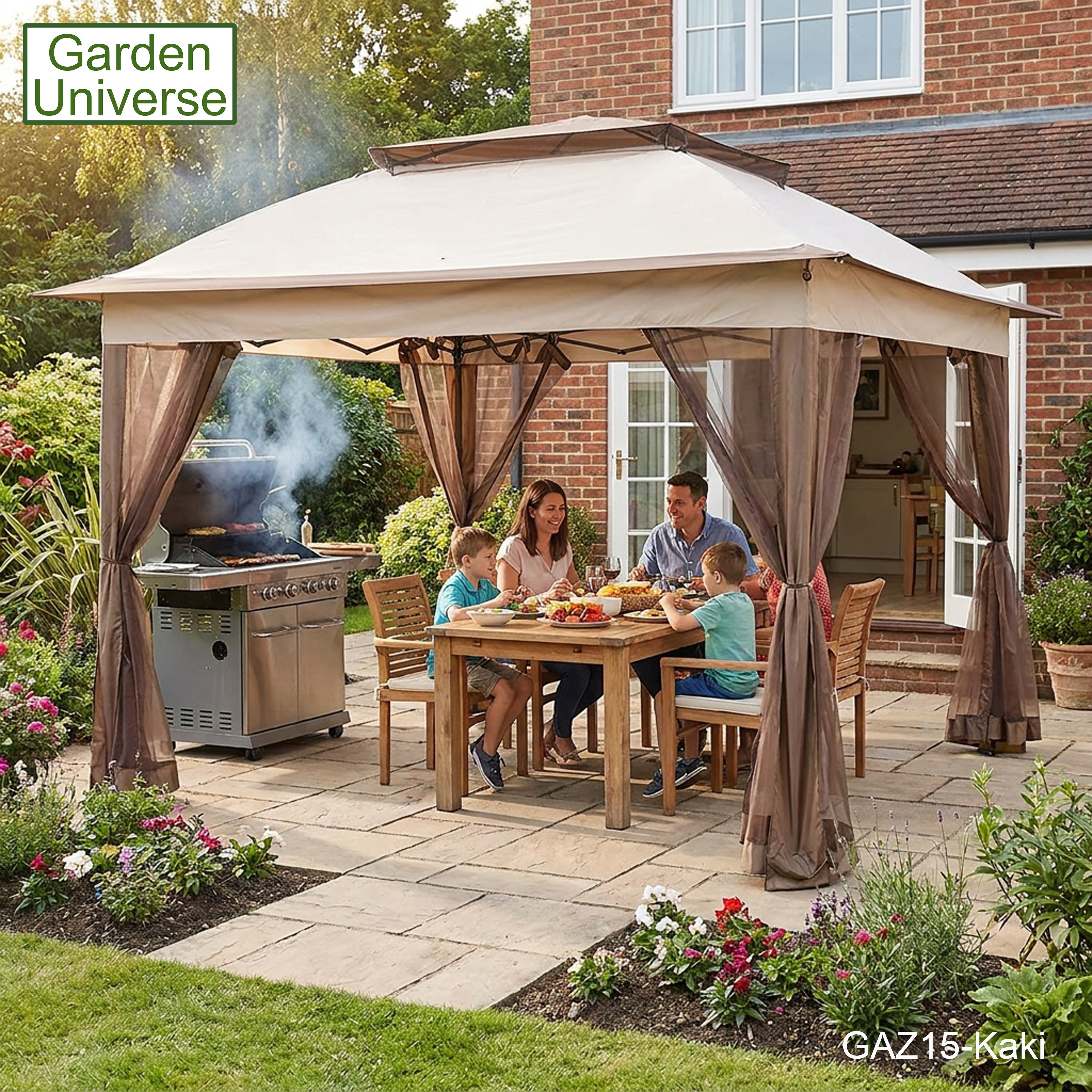 Garden Universe Gazebo with Pop-Up Frame 3.25 x 3.25m, Party Tent, Canopy, Pergola, Kaki GAZ15-Kaki