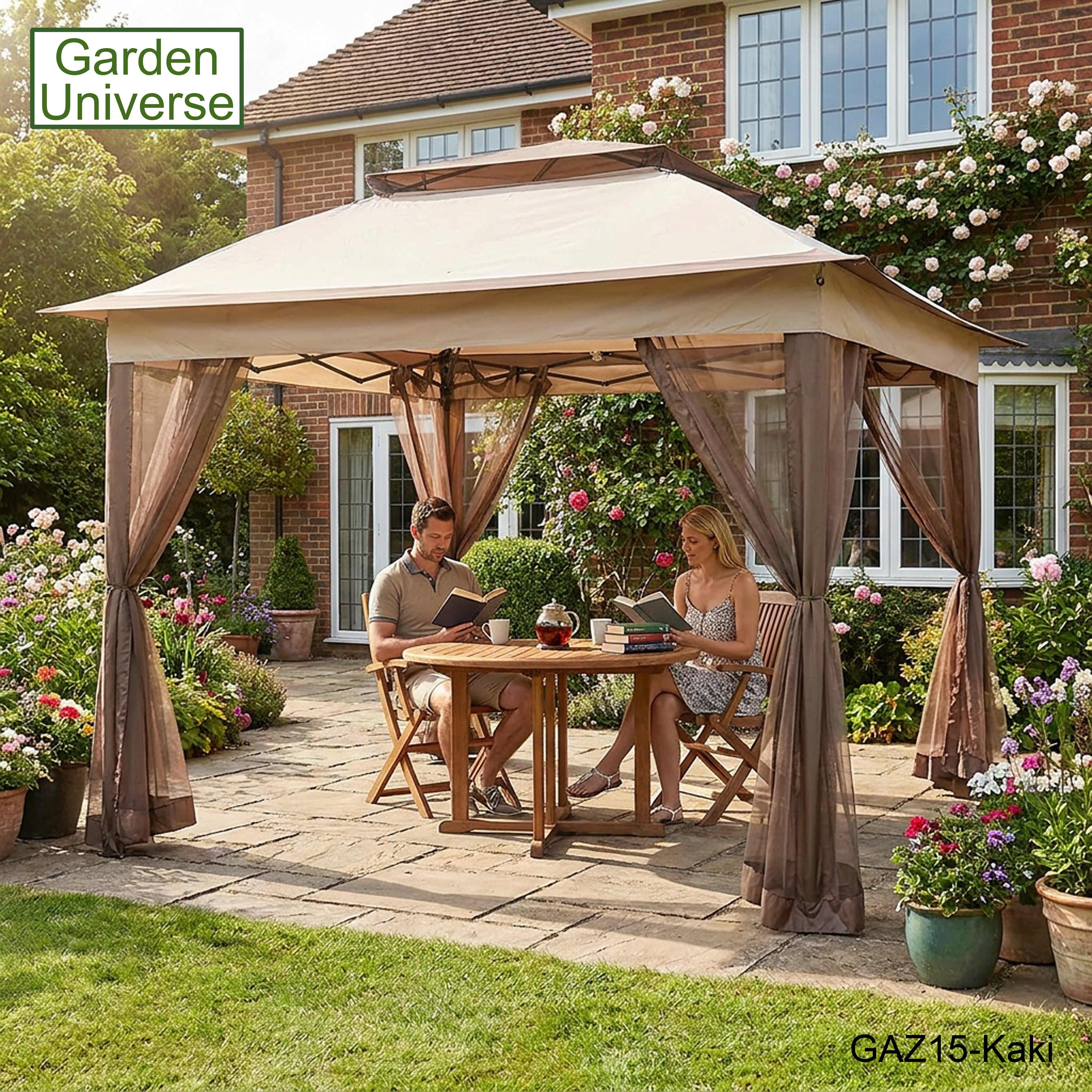 Garden Universe Gazebo with Pop-Up Frame 3.25 x 3.25m, Party Tent, Canopy, Pergola, Kaki GAZ15-Kaki