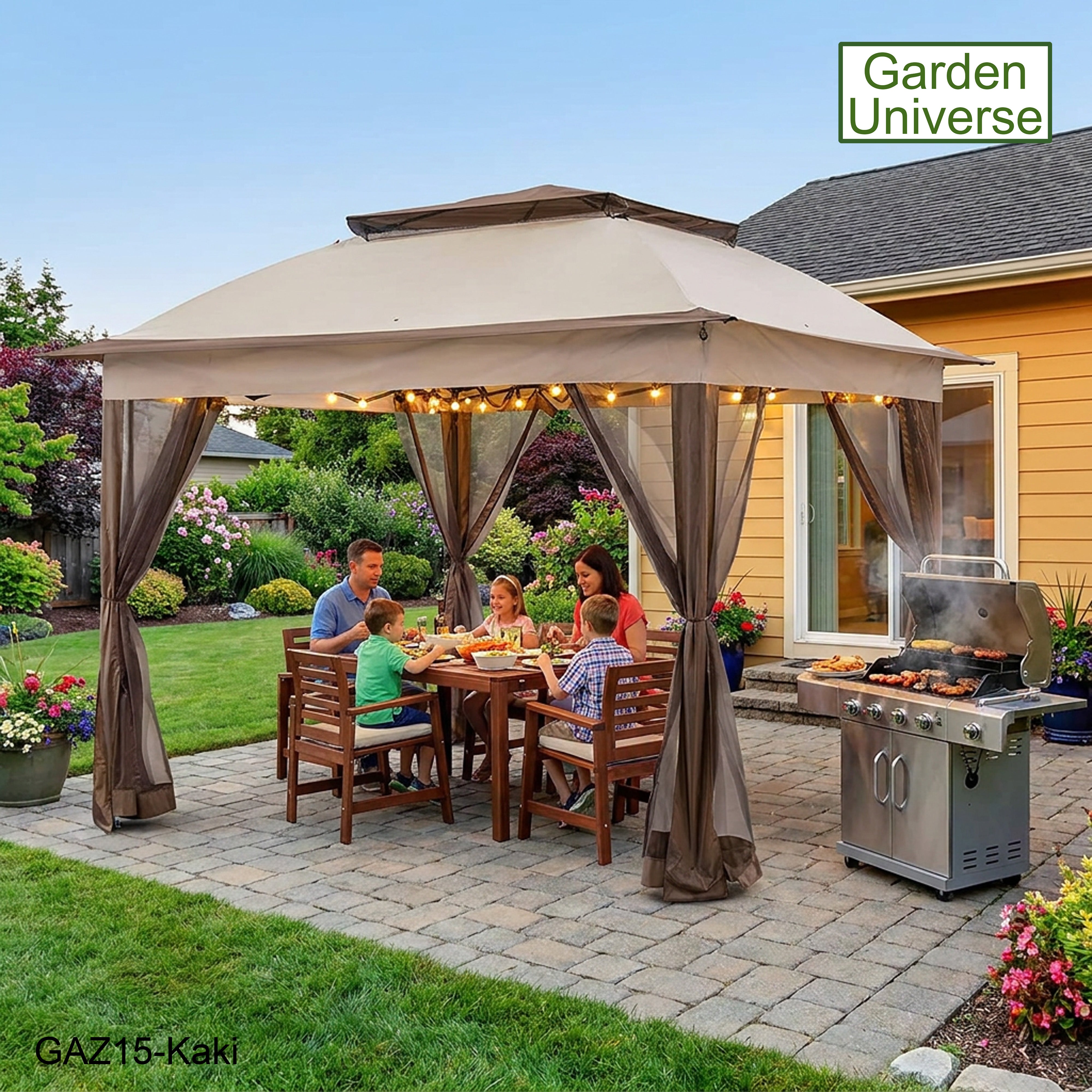 Garden Universe Gazebo with Pop-Up Frame 3.25 x 3.25m, Party Tent, Canopy, Pergola, Kaki GAZ15-Kaki