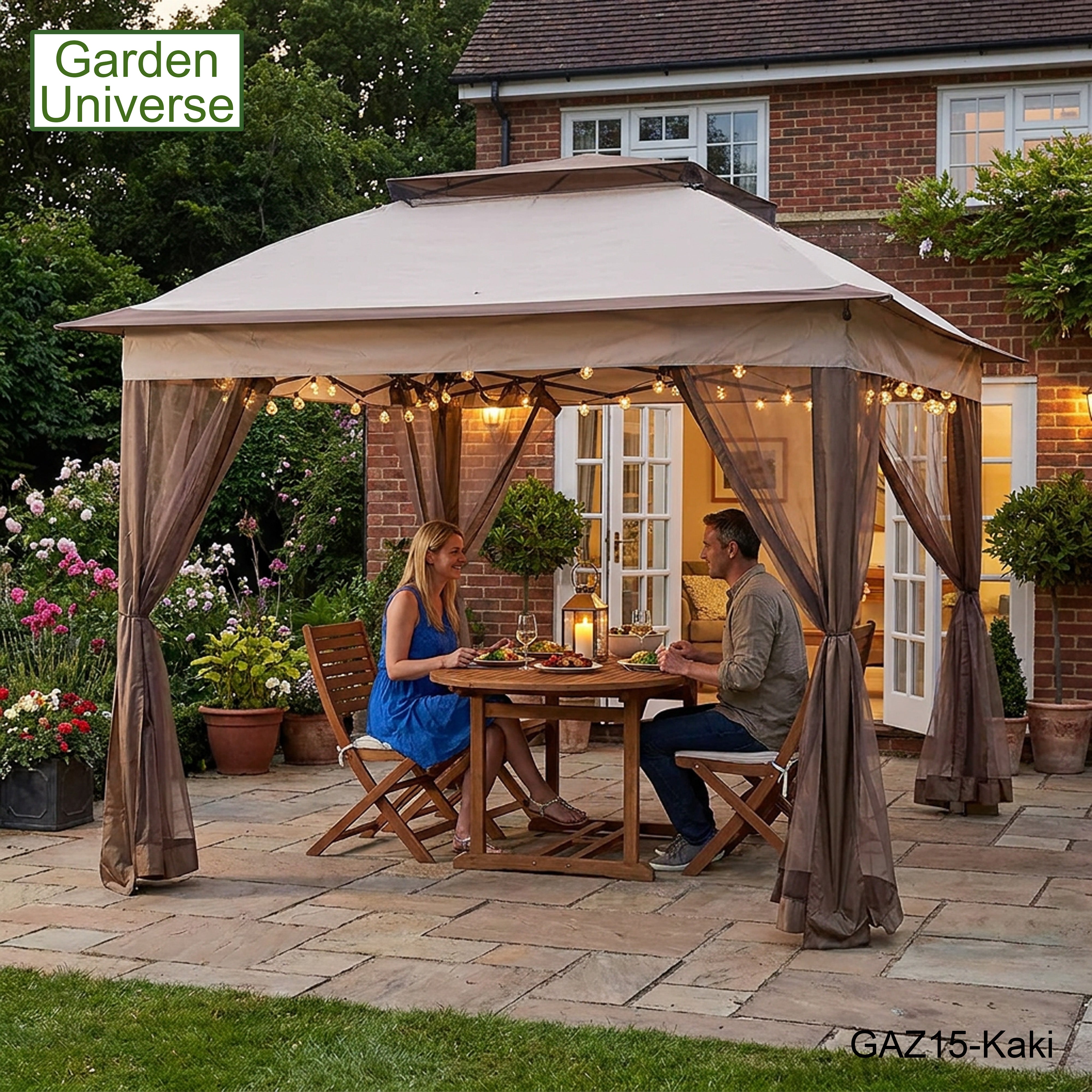 Garden Universe Gazebo with Pop-Up Frame 3.25 x 3.25m, Party Tent, Canopy, Pergola, Kaki GAZ15-Kaki