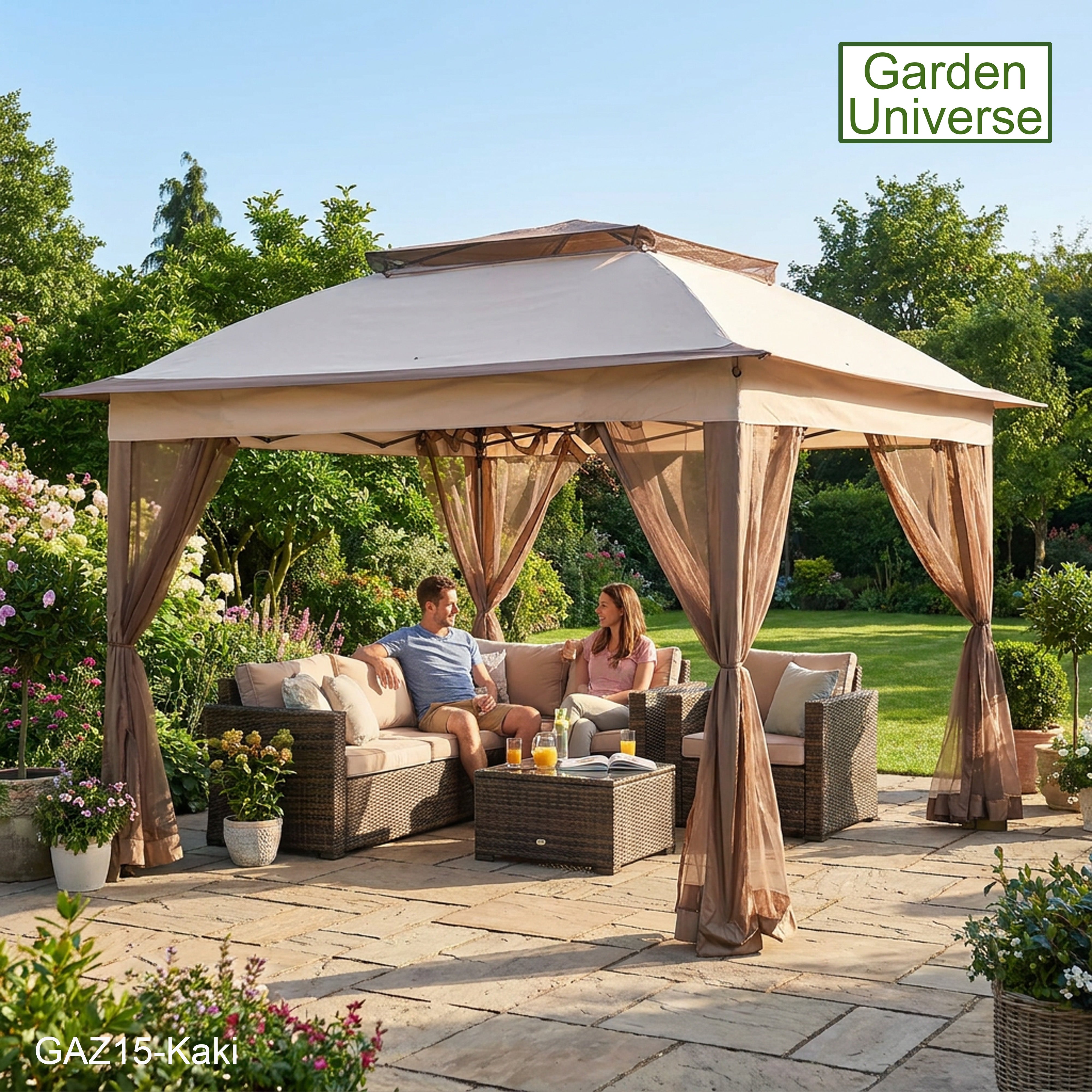 Garden Universe Gazebo with Pop-Up Frame 3.25 x 3.25m, Party Tent, Canopy, Pergola, Kaki GAZ15-Kaki