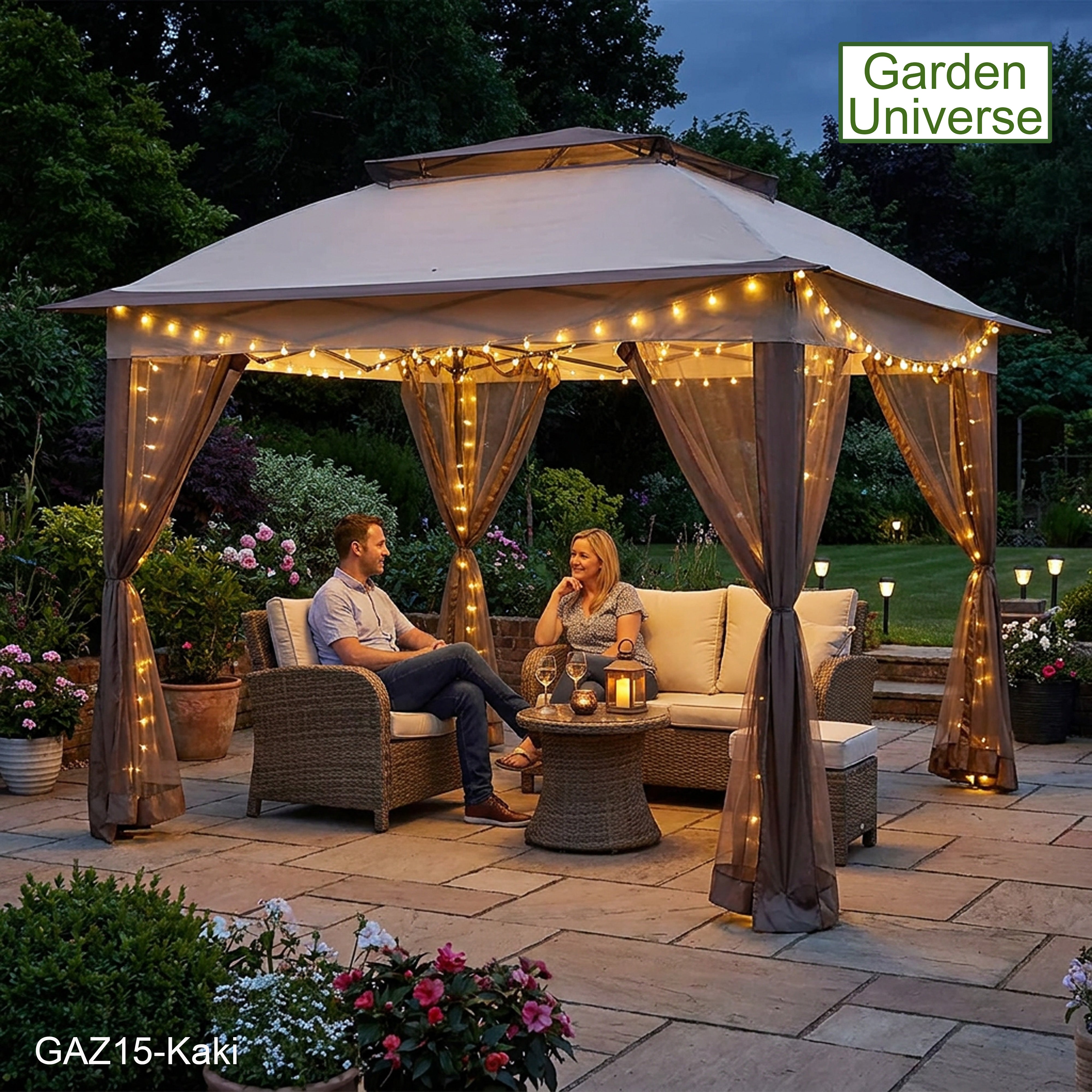 Garden Universe Gazebo with Pop-Up Frame 3.25 x 3.25m, Party Tent, Canopy, Pergola, Kaki GAZ15-Kaki