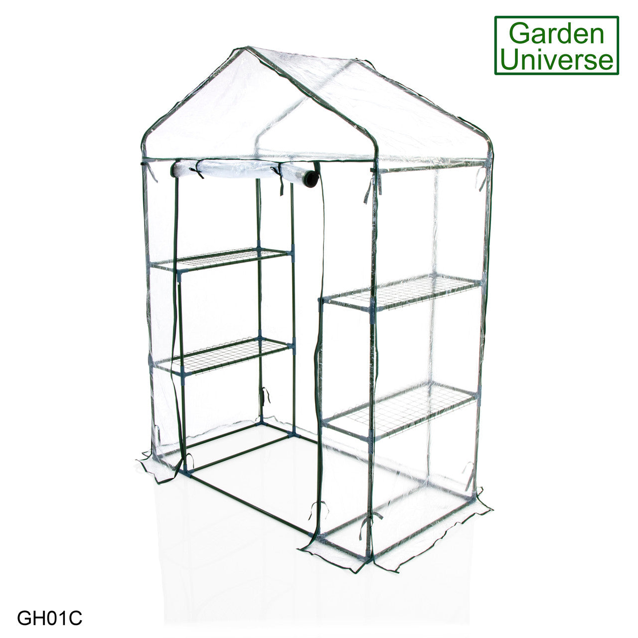 Greenhouse Walk-In Clear PVC Cover 4 Shelves 1.4m x 0.73m with Roll Up Door GH01C