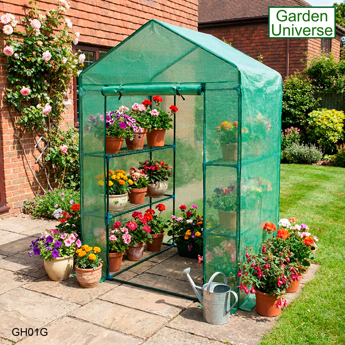 Greenhouse Walk-In Green PVC Cover 4 Shelves H 1.95 x W 1.4 x D 0.73m with Roll Up Door GH01G