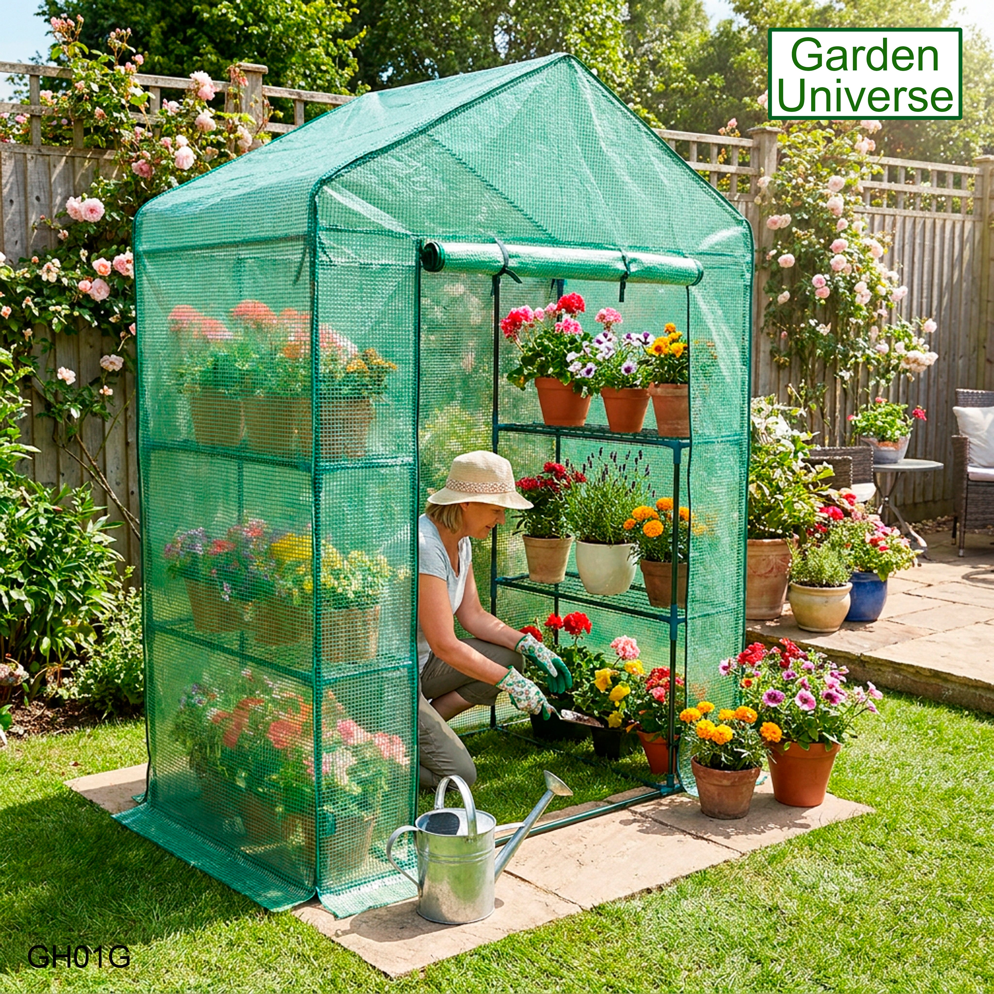 Greenhouse Walk-In Green PVC Cover 4 Shelves H 1.95 x W 1.4 x D 0.73m with Roll Up Door GH01G