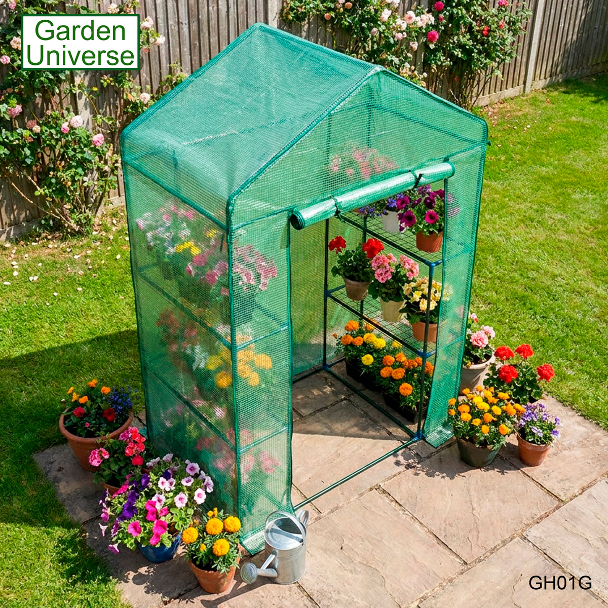 Greenhouse Walk-In Green PVC Cover 4 Shelves H 1.95 x W 1.4 x D 0.73m with Roll Up Door GH01G