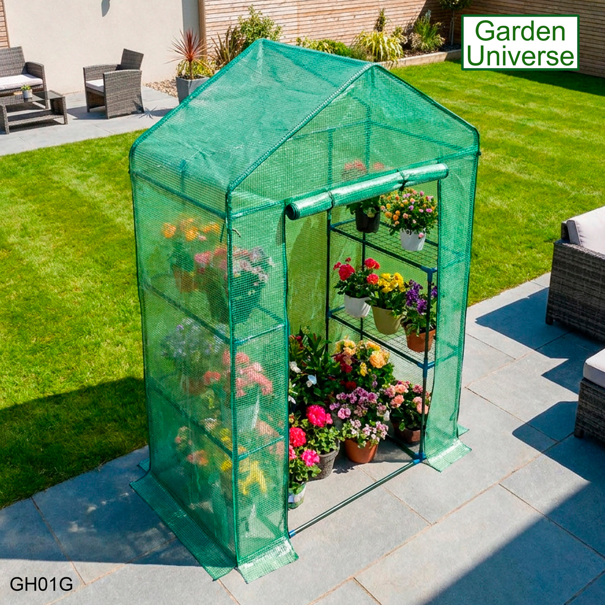 Greenhouse Walk-In Green PVC Cover 4 Shelves H 1.95 x W 1.4 x D 0.73m with Roll Up Door GH01G