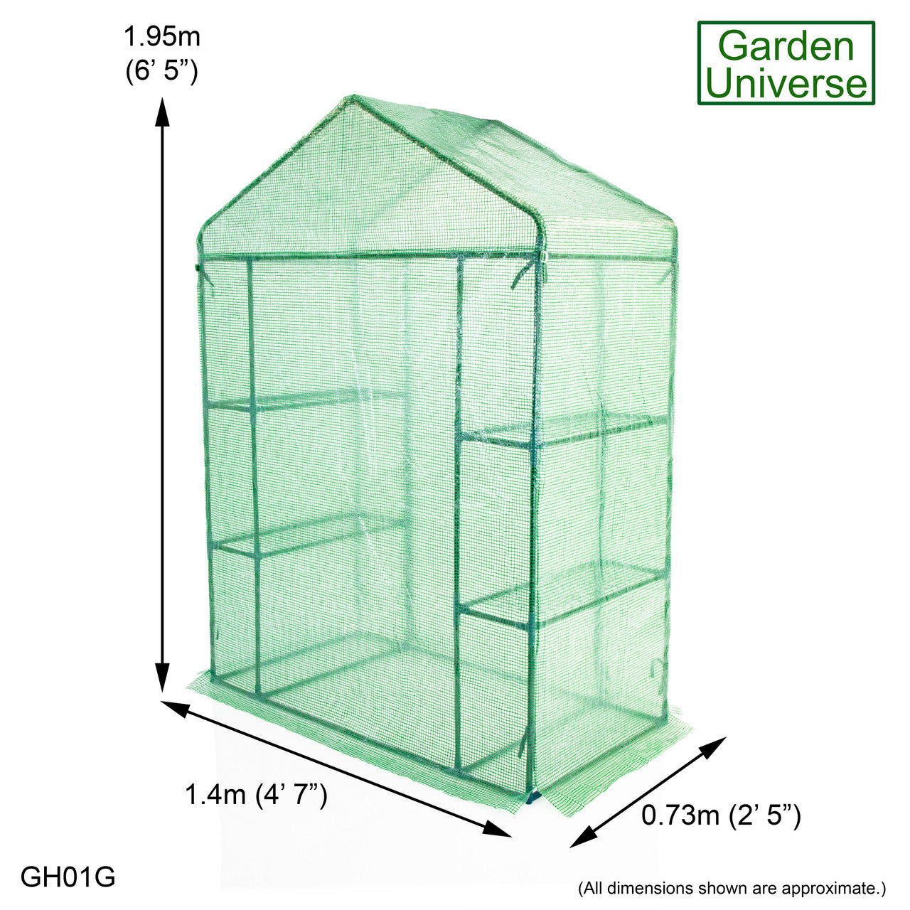 Greenhouse Walk-In Green PVC Cover 4 Shelves 1.4m x 0.73m with Roll Up Door GH01G
