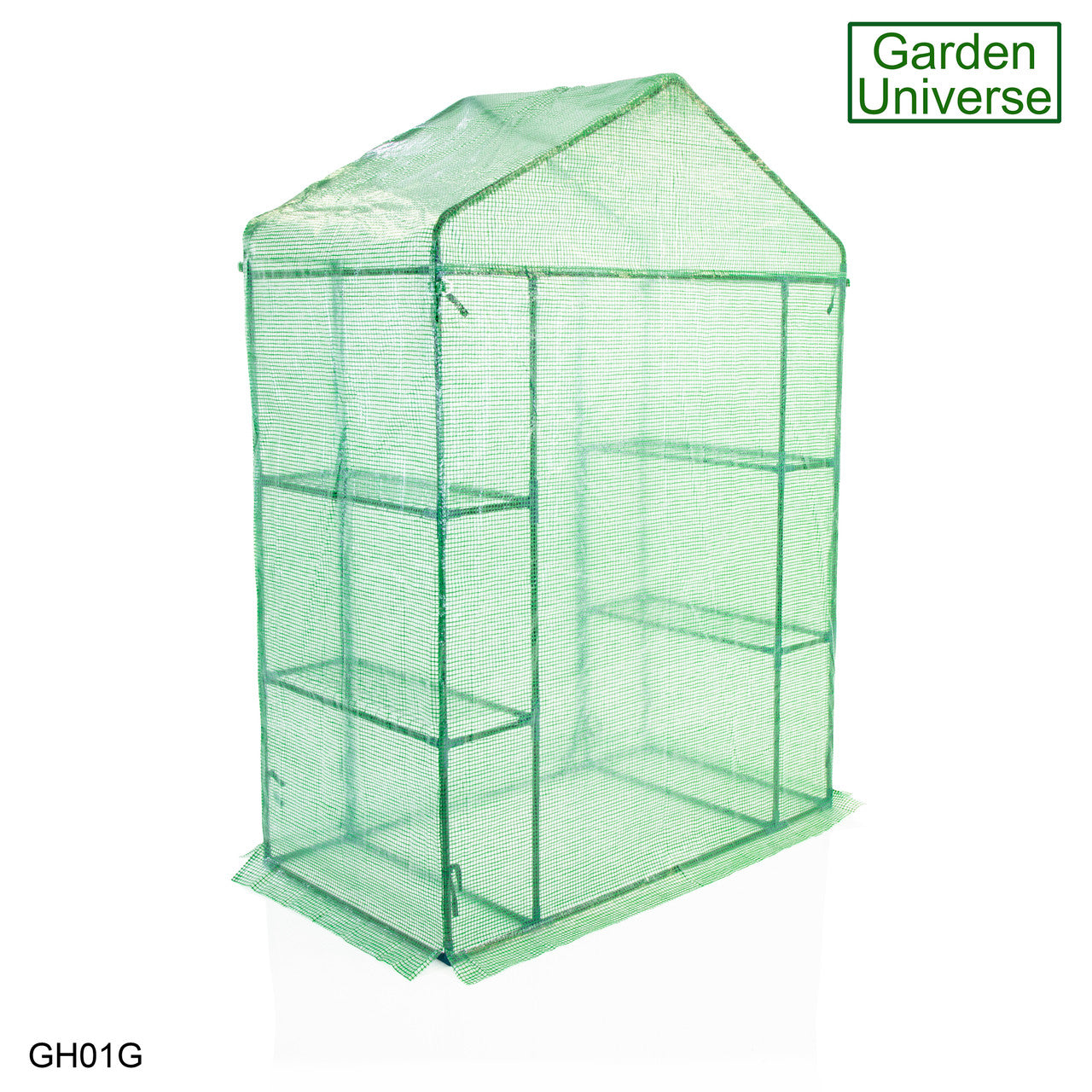 Greenhouse Walk-In Green PVC Cover 4 Shelves 1.4m x 0.73m with Roll Up Door GH01G