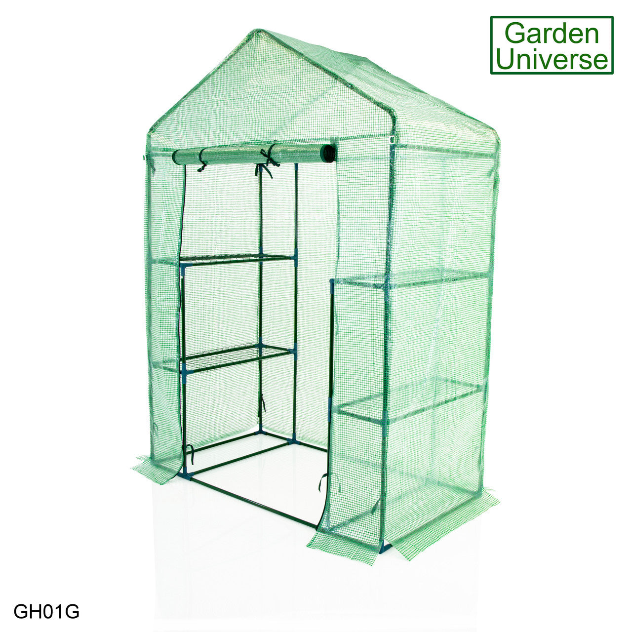 Greenhouse Walk-In Green PVC Cover 4 Shelves 1.4m x 0.73m with Roll Up Door GH01G