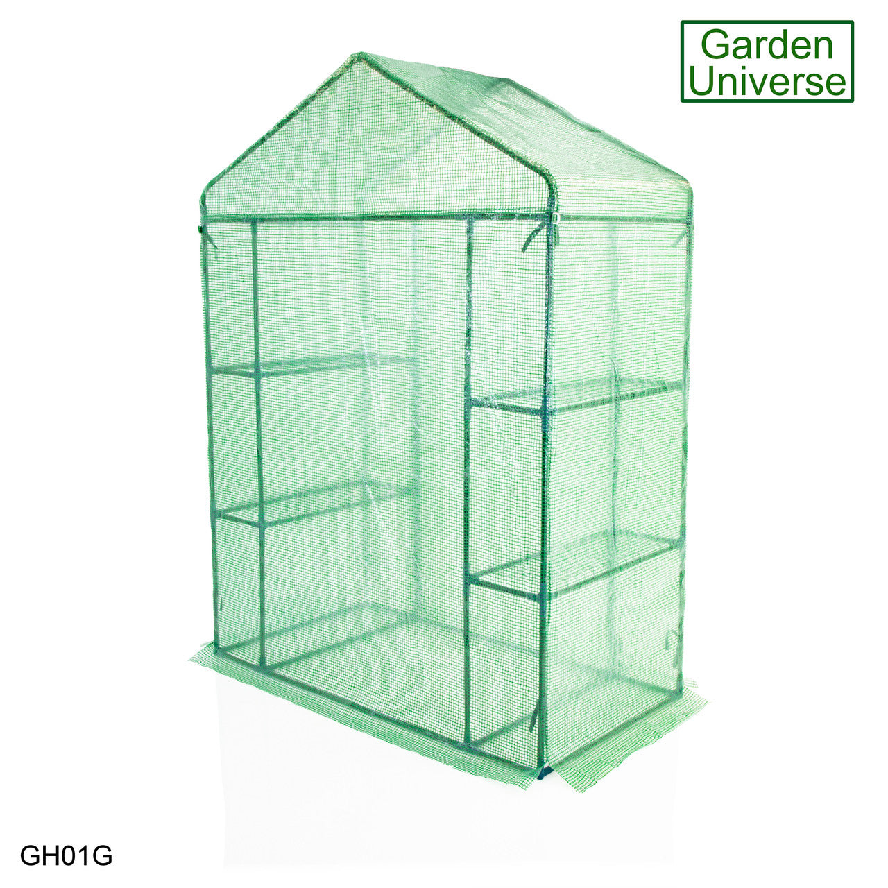Greenhouse Walk-In Green PVC Cover 4 Shelves 1.4m x 0.73m with Roll Up Door GH01G