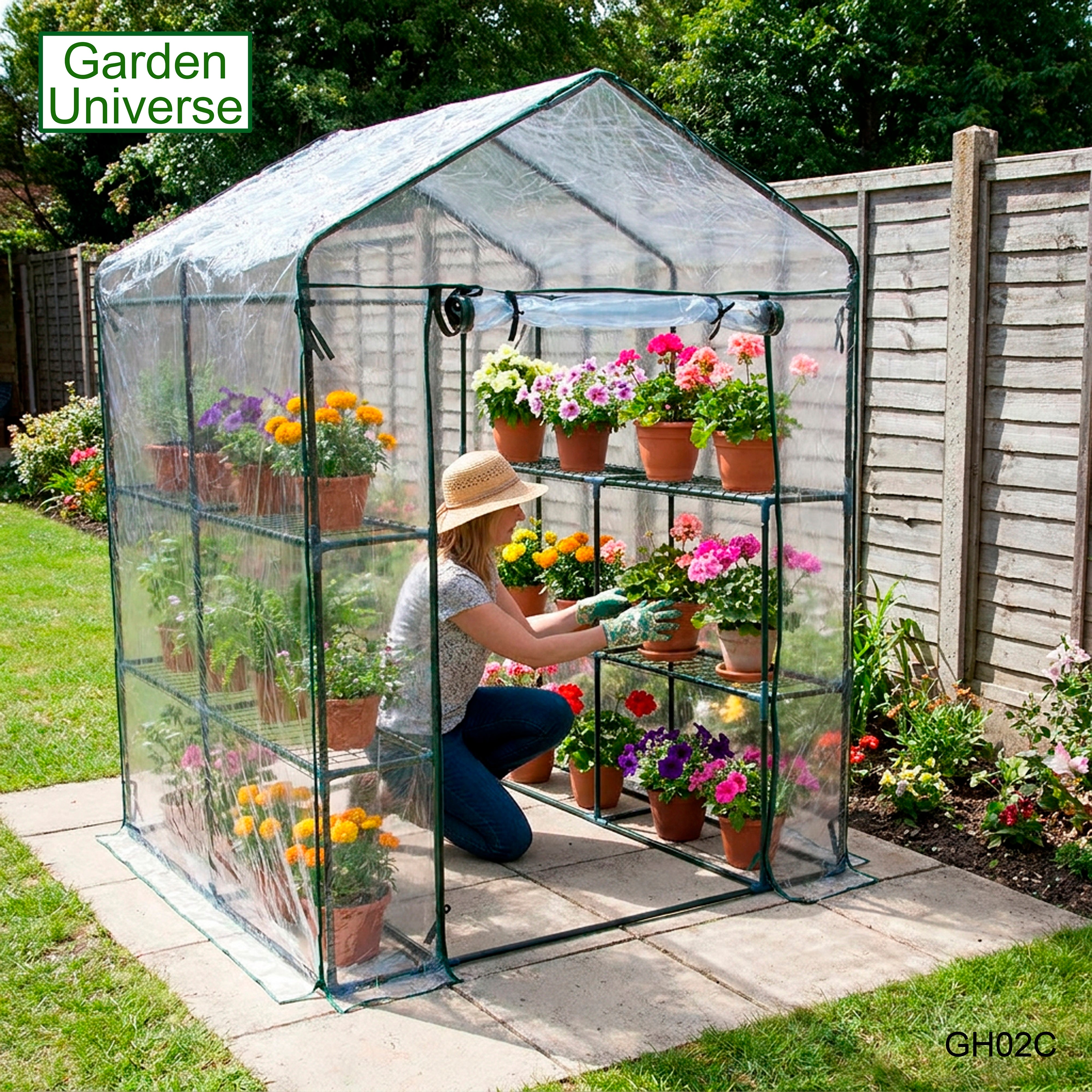 Greenhouse Walk-In Clear PVC Cover 8 Shelves 1.4m x 1.4m with Roll Up Door GH02C