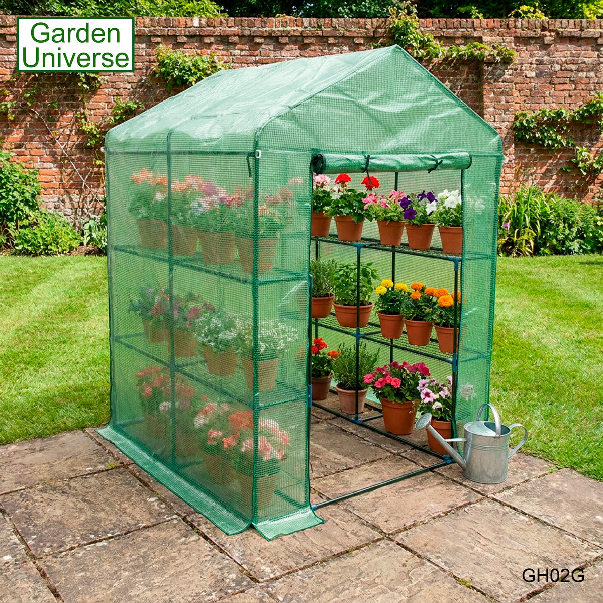 Greenhouse Walk-In Green PVC Cover 8 Shelves 1.4m x 1.4m with Roll Up Door GH02G