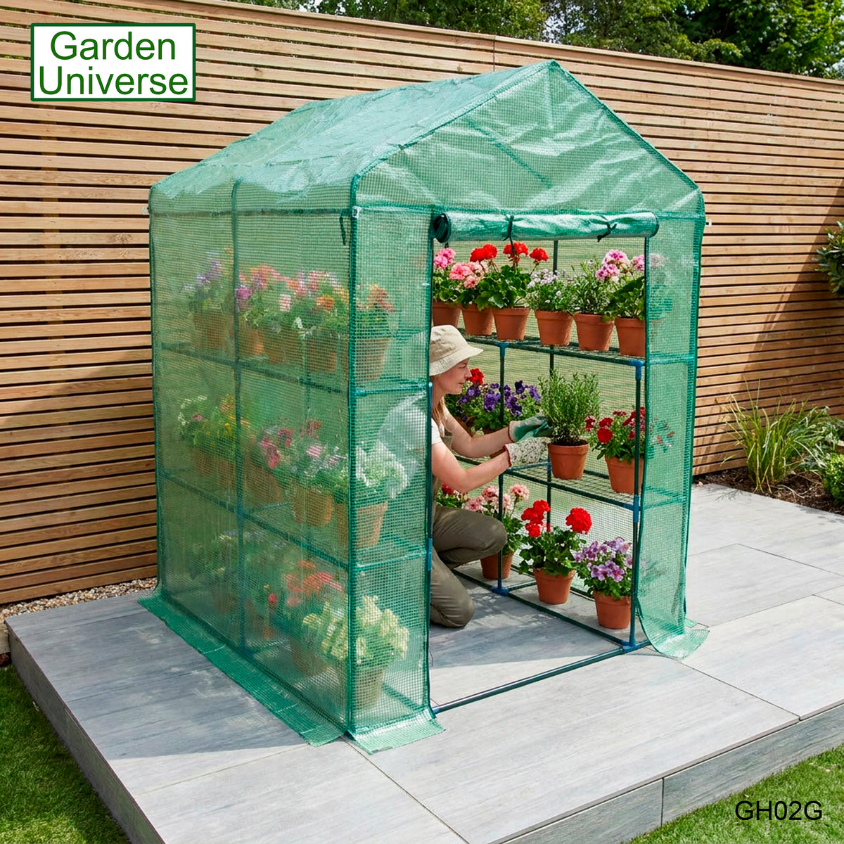 Greenhouse Walk-In Green PVC Cover 8 Shelves 1.4m x 1.4m with Roll Up Door GH02G