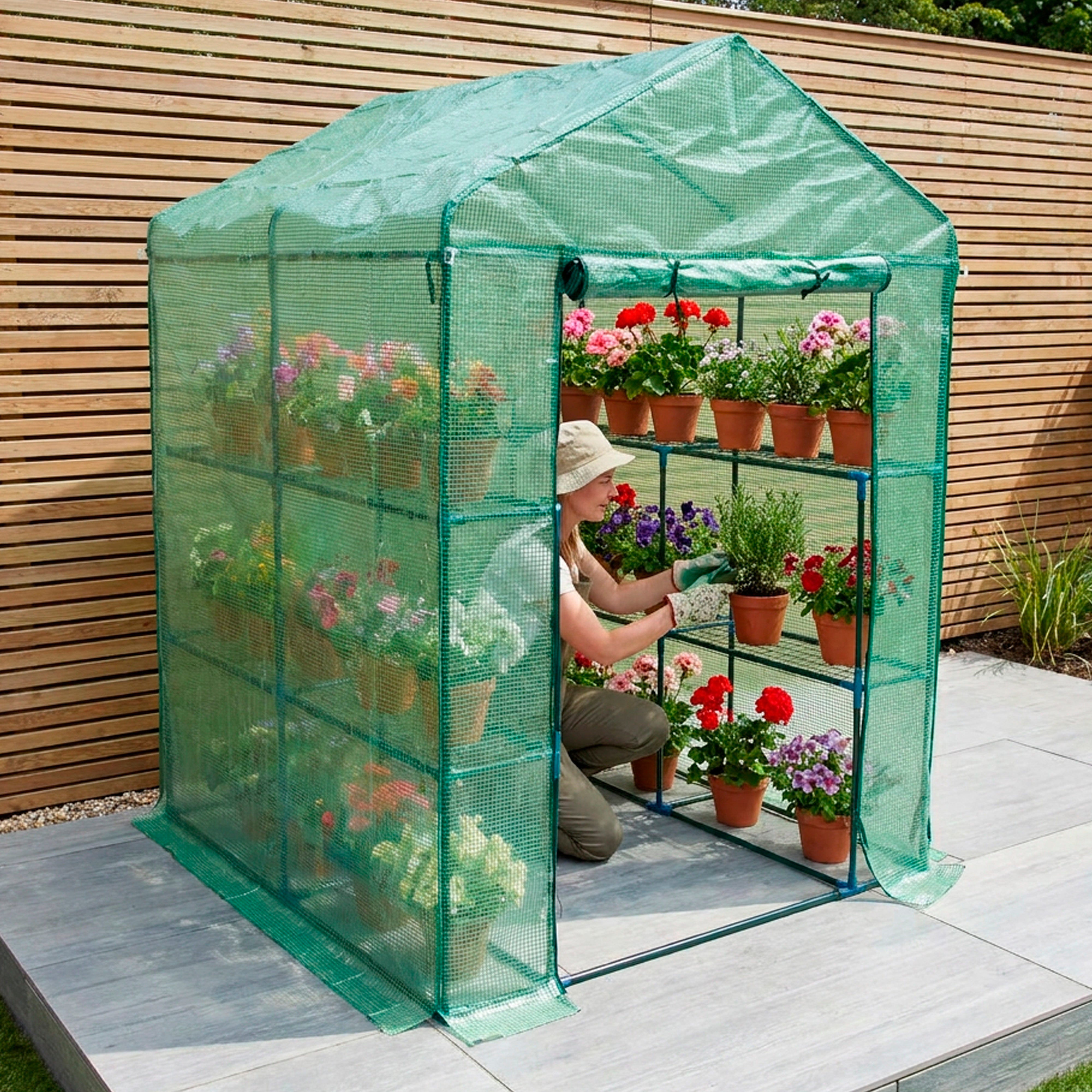Greenhouse Walk-In Green PVC Cover 8 Shelves 1.4m x 1.4m with Roll Up Door GH02G