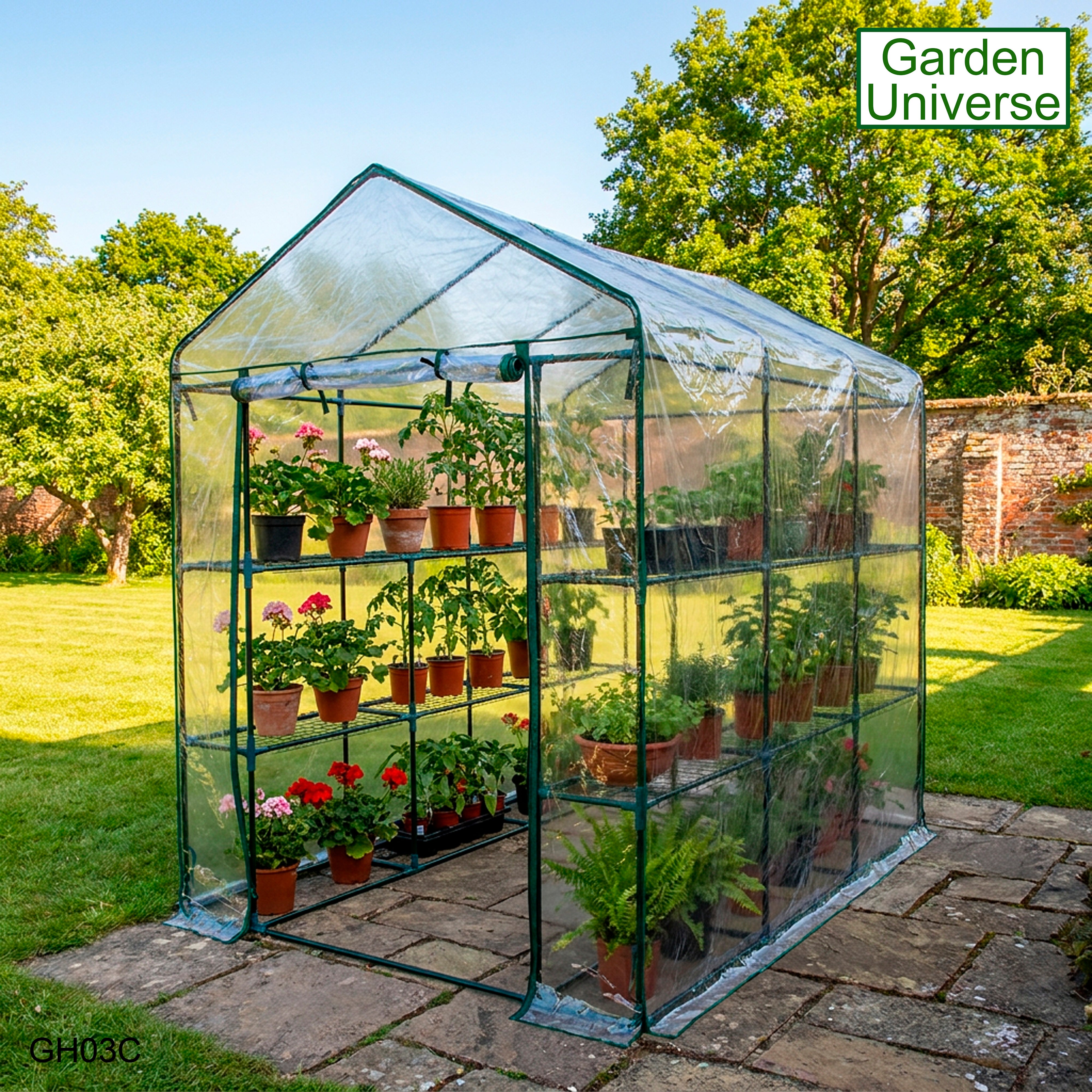 Greenhouse Walk-In Clear PVC Cover 12 Shelves 1.4m x 2.14m with Roll Up Door GH03C
