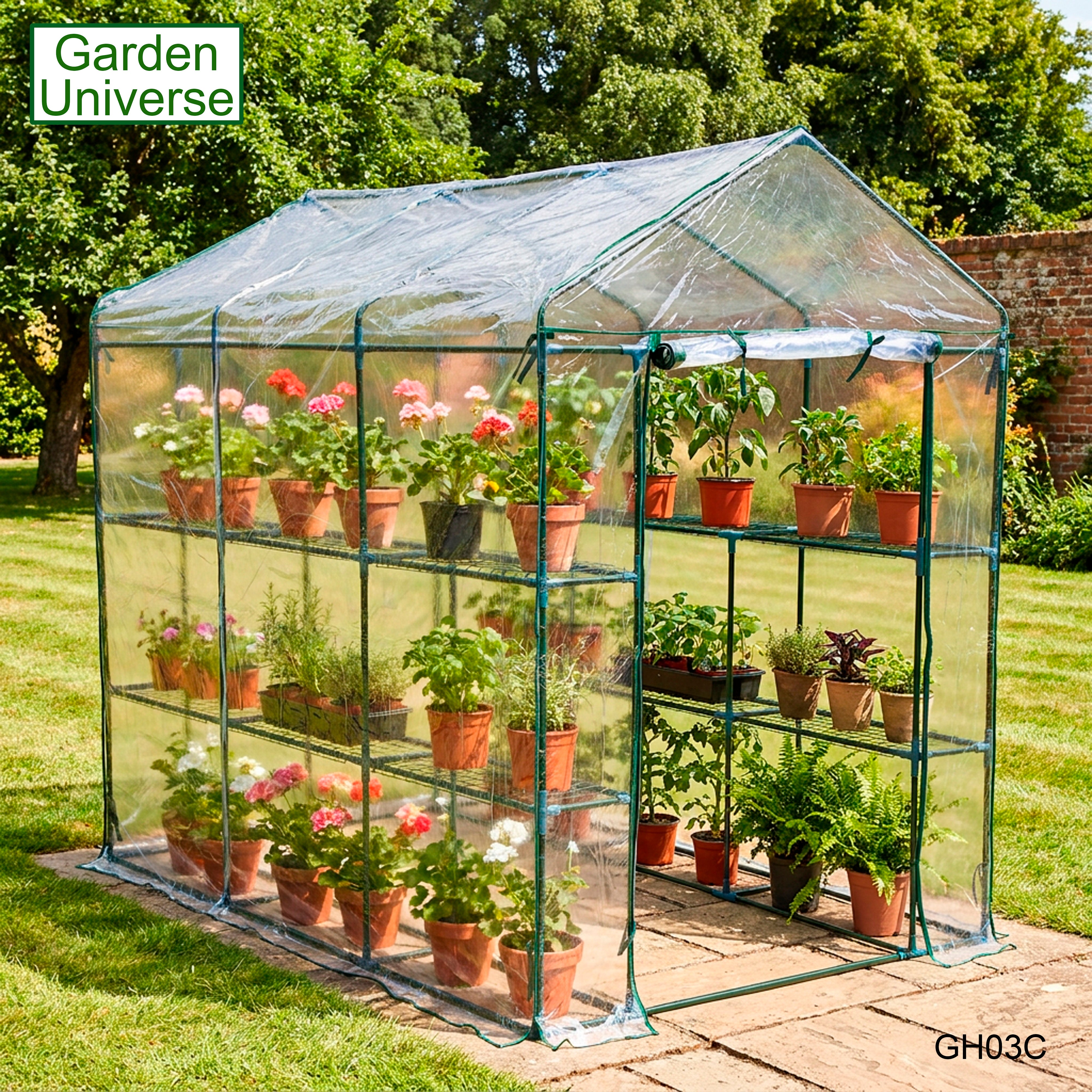 Greenhouse Walk-In Clear PVC Cover 12 Shelves 1.4m x 2.14m with Roll Up Door GH03C
