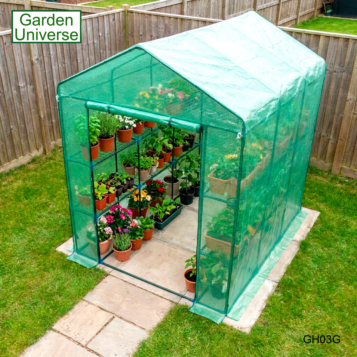 Greenhouse Walk-In Green PVC Cover 12 Shelves 1.4m x 2.14m with Roll Up Door GH03G