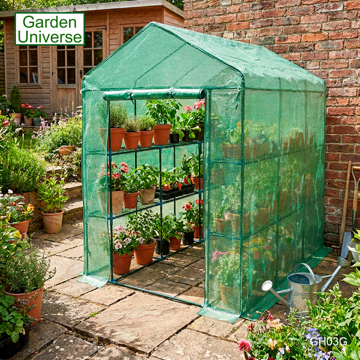 Greenhouse Walk-In Green PVC Cover 12 Shelves 1.4m x 2.14m with Roll Up Door GH03G