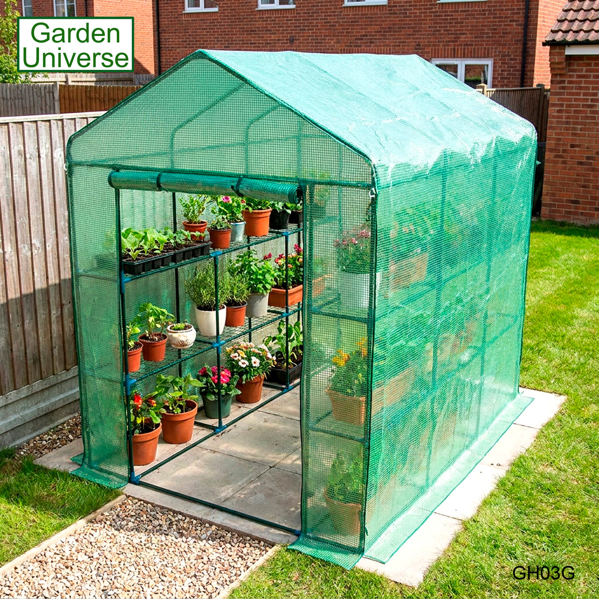 Greenhouse Walk-In Green PVC Cover 12 Shelves 1.4m x 2.14m with Roll Up Door GH03G