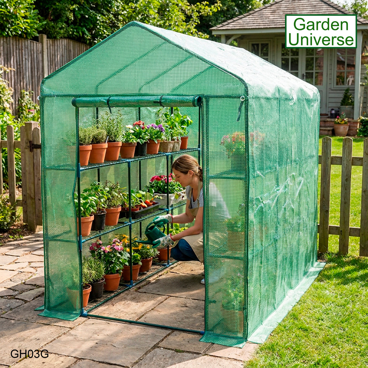 Greenhouse Walk-In Green PVC Cover 12 Shelves 1.4m x 2.14m with Roll Up Door GH03G