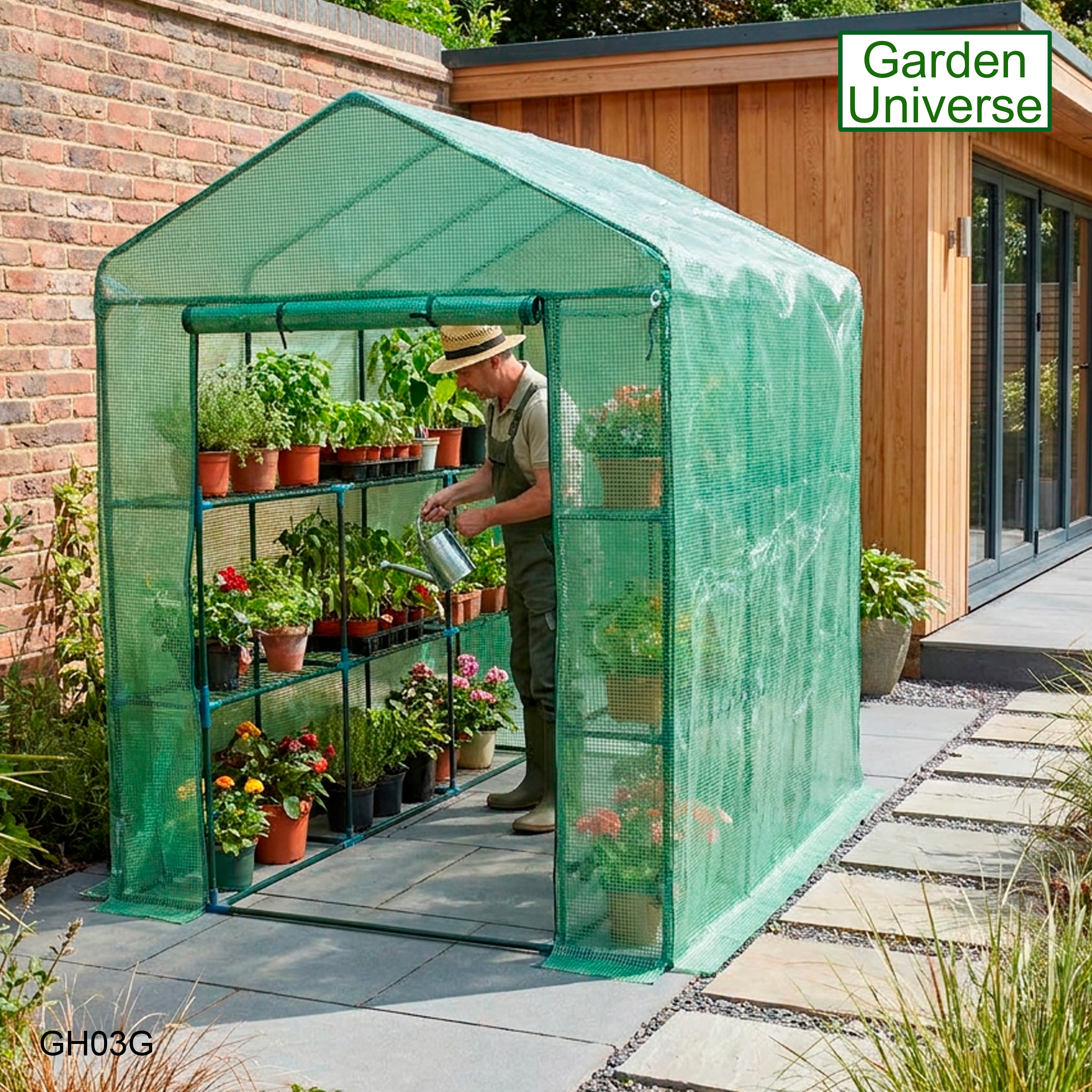 Greenhouse Walk-In Green PVC Cover 12 Shelves 1.4m x 2.14m with Roll Up Door GH03G