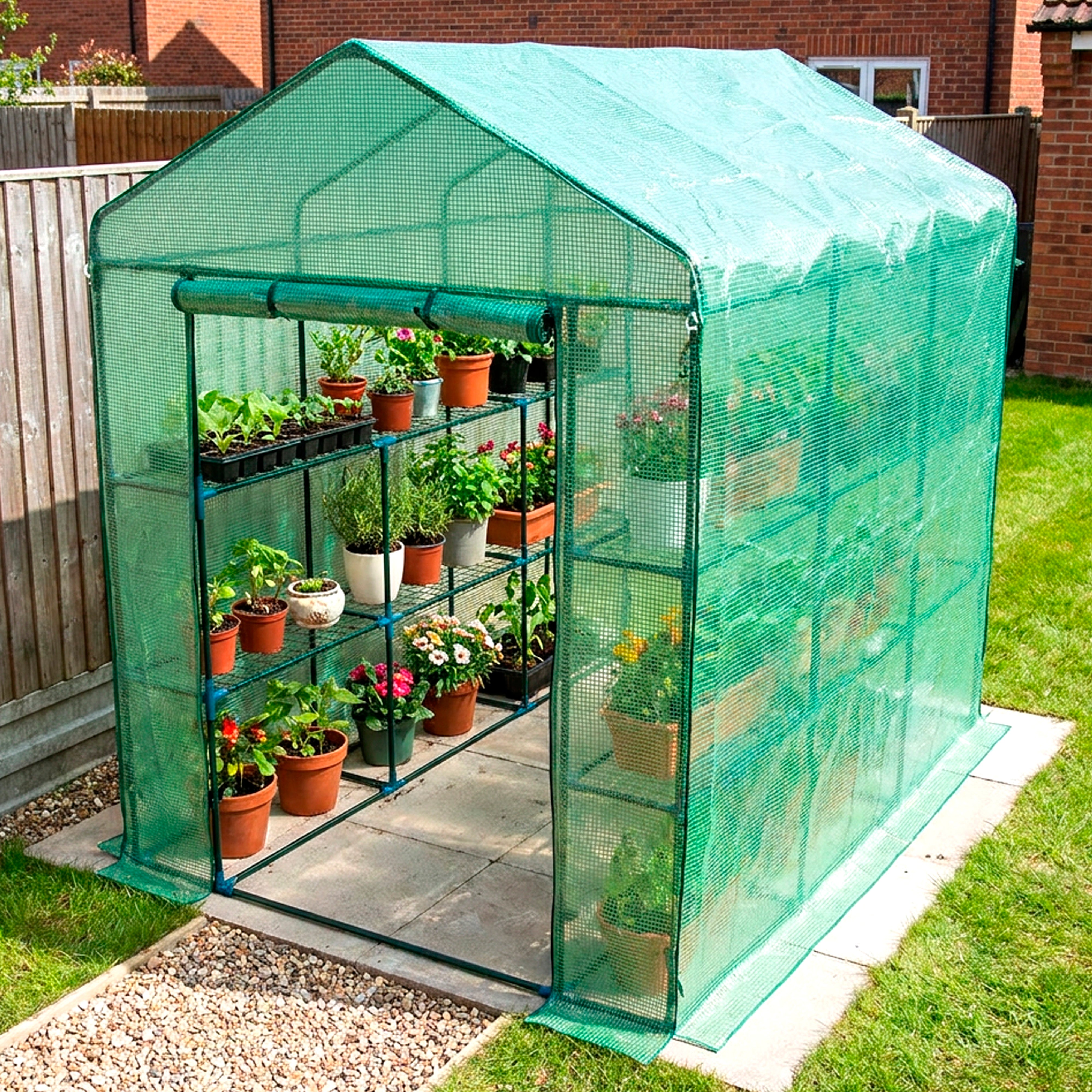 Greenhouse Walk-In Green PVC Cover 12 Shelves 1.4m x 2.14m with Roll Up Door GH03G