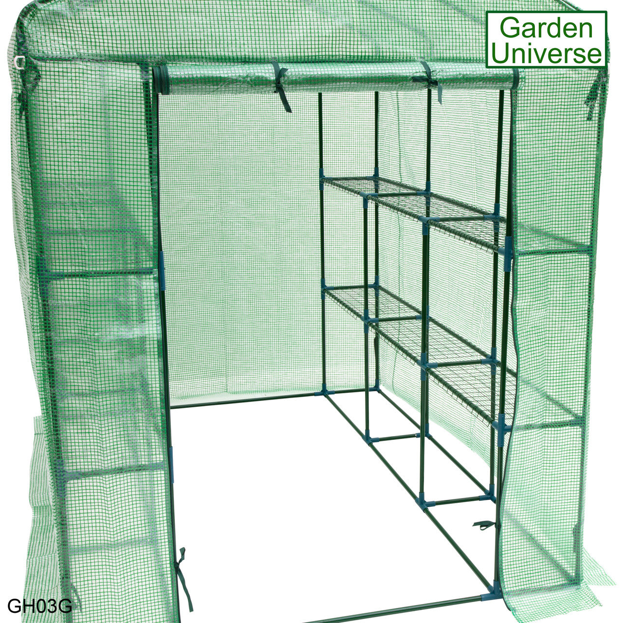 Greenhouse Walk-In Green PVC Cover 12 Shelves 1.4m x 2.14m with Roll Up Door GH03G