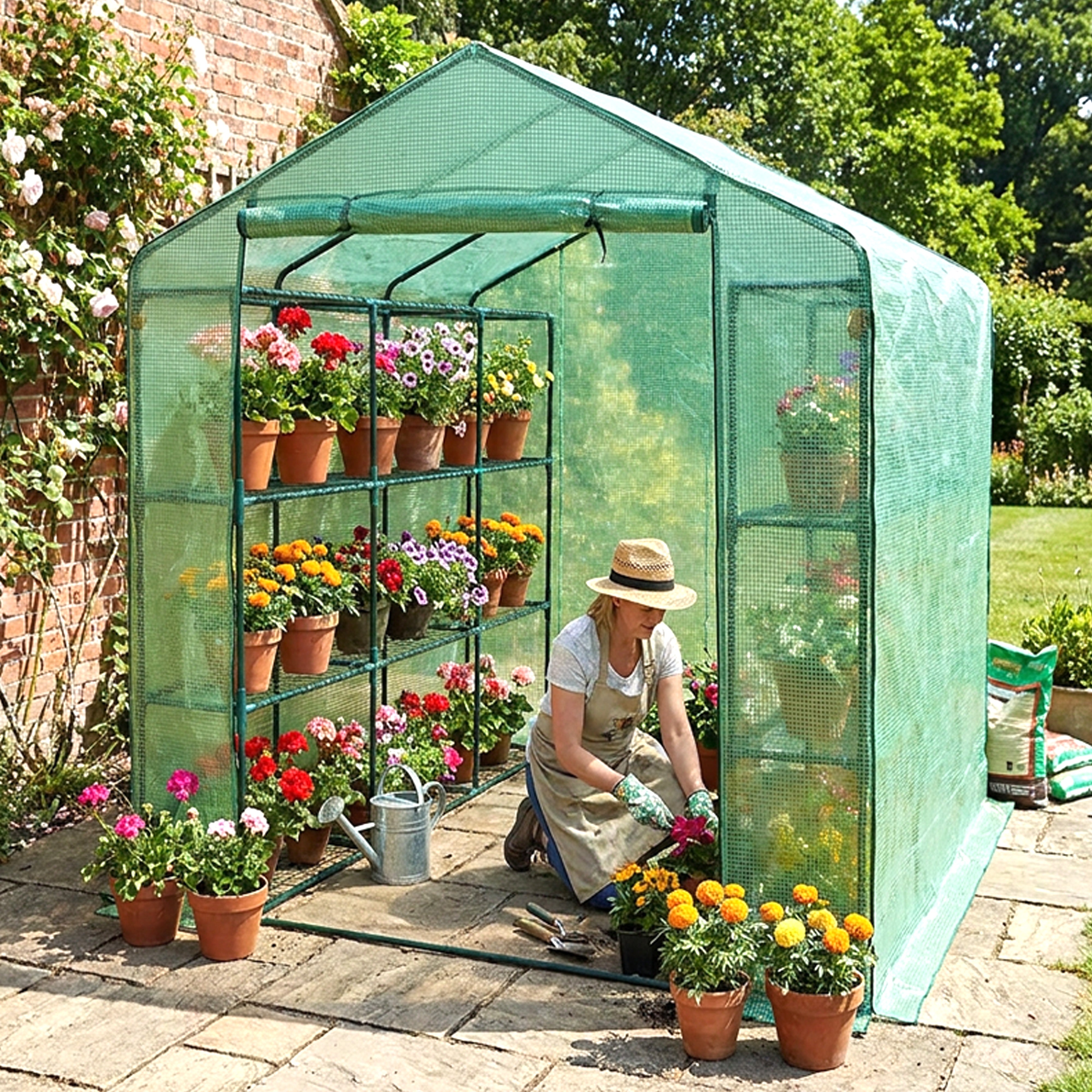 Greenhouse Walk-In Green PVC Cover 18 Shelves W 1.82m x D 2.44m with Roll Up Door GH04G