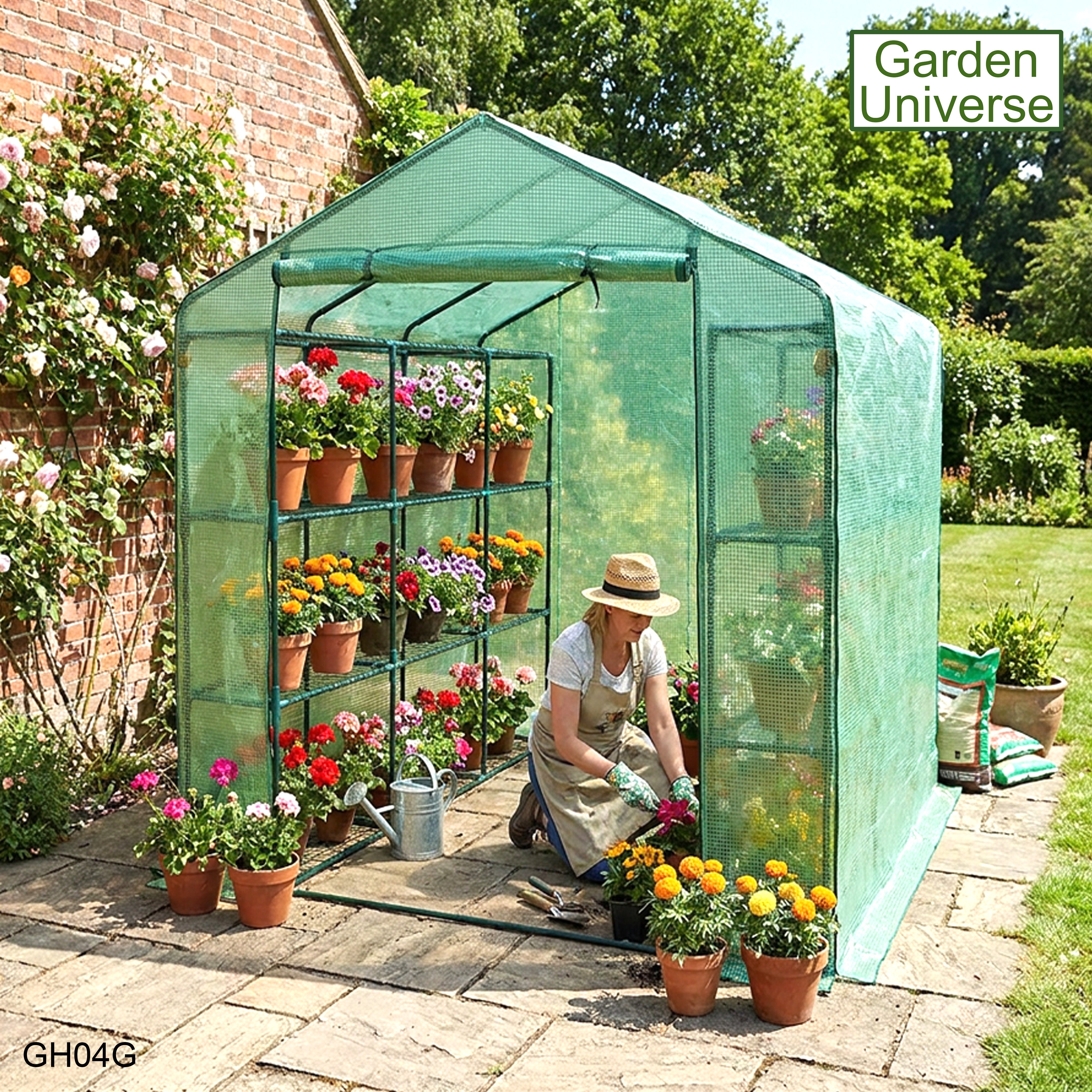 Greenhouse Walk-In Green PVC Cover 18 Shelves W 1.82m x D 2.44m with Roll Up Door GH04G