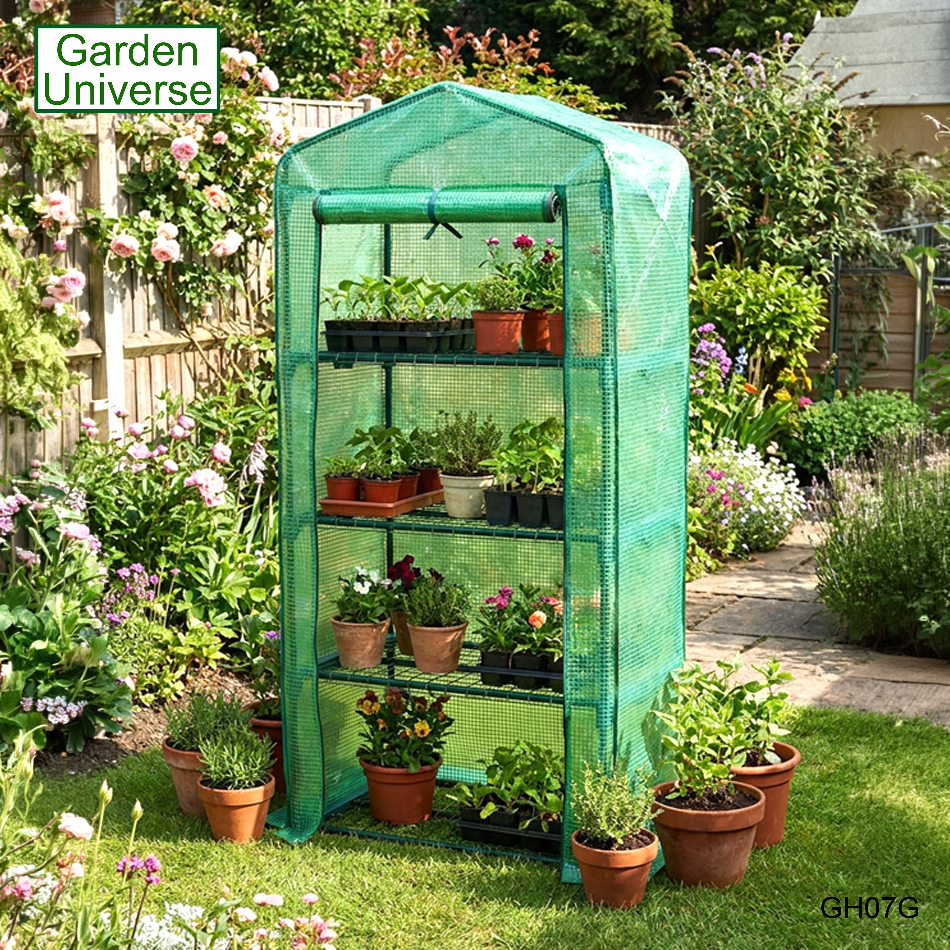 Greenhouse Mini Green PVC Cover Growhouse 4 Shelves W 0.69 x D 0.49 x H 1.6m with Roll Up Door GH07G