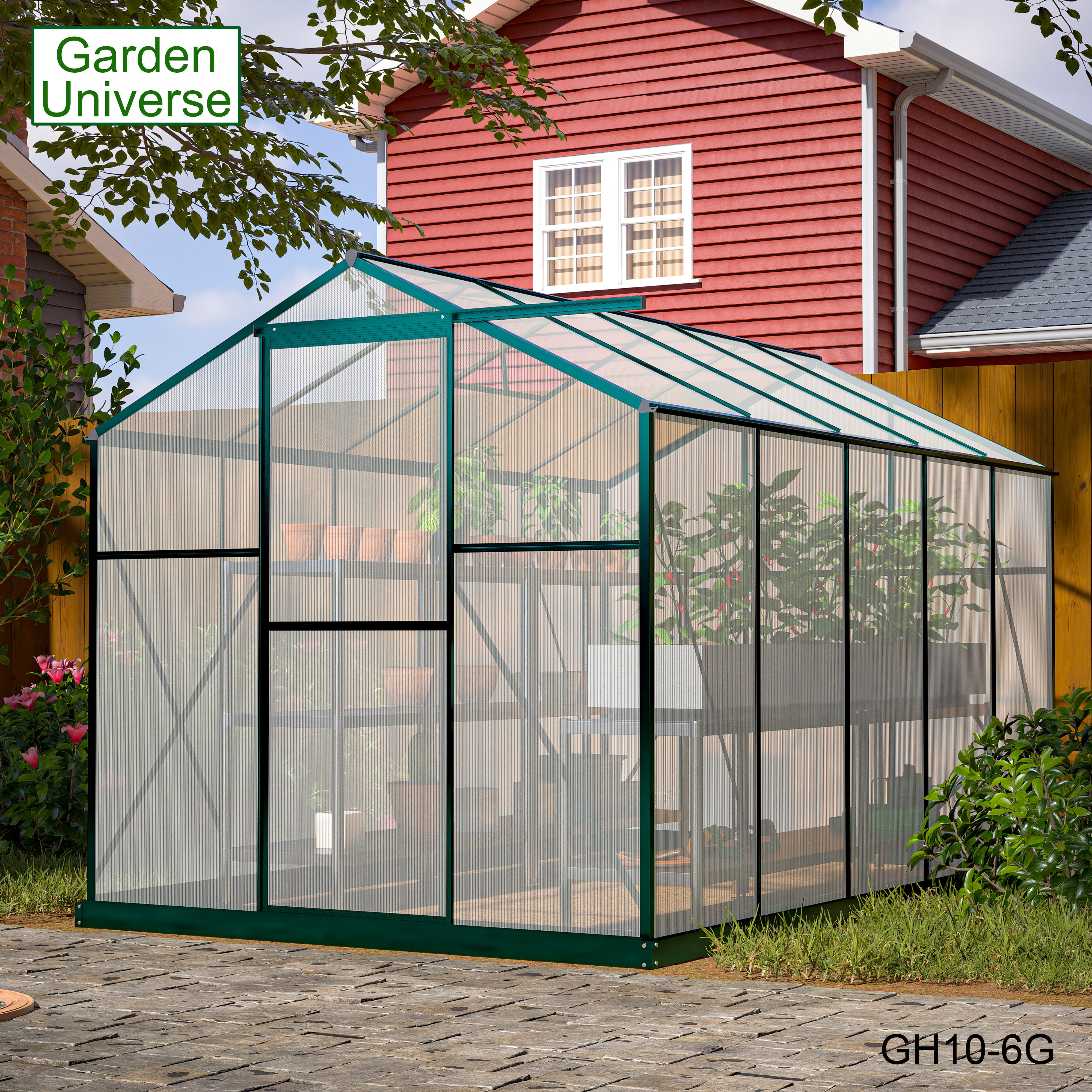 Greenhouse 6' x 10' Green Aluminium Frame Polycarbonate Panels and Free Base