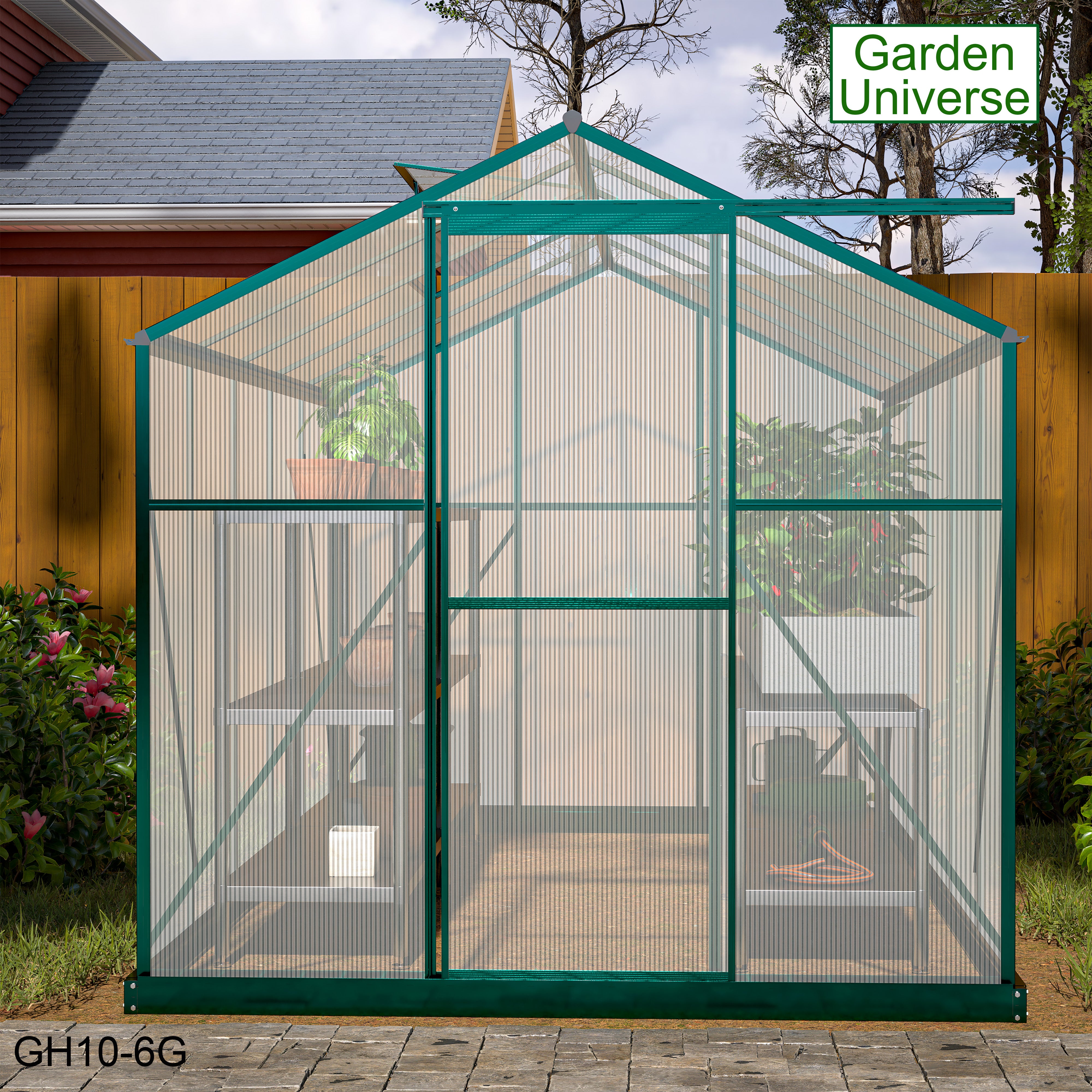 Greenhouse 6' x 10' Green Aluminium Frame Polycarbonate Panels and Free Base