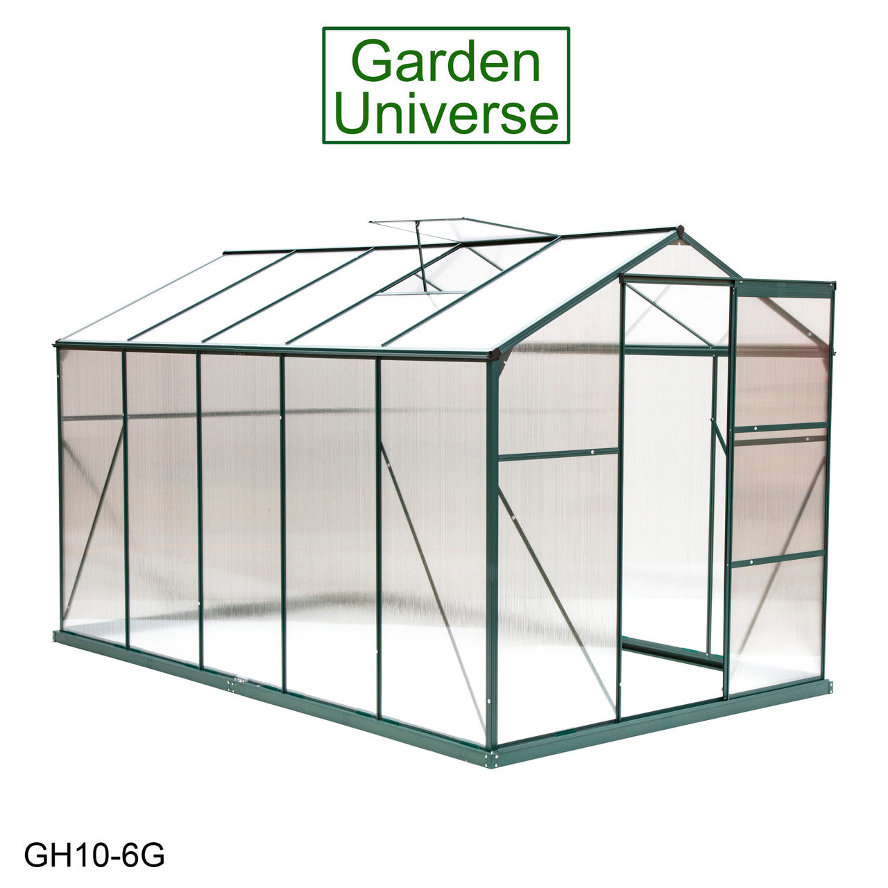 Greenhouse 6' x 10' Green Aluminium Frame Polycarbonate Panels and Free Base