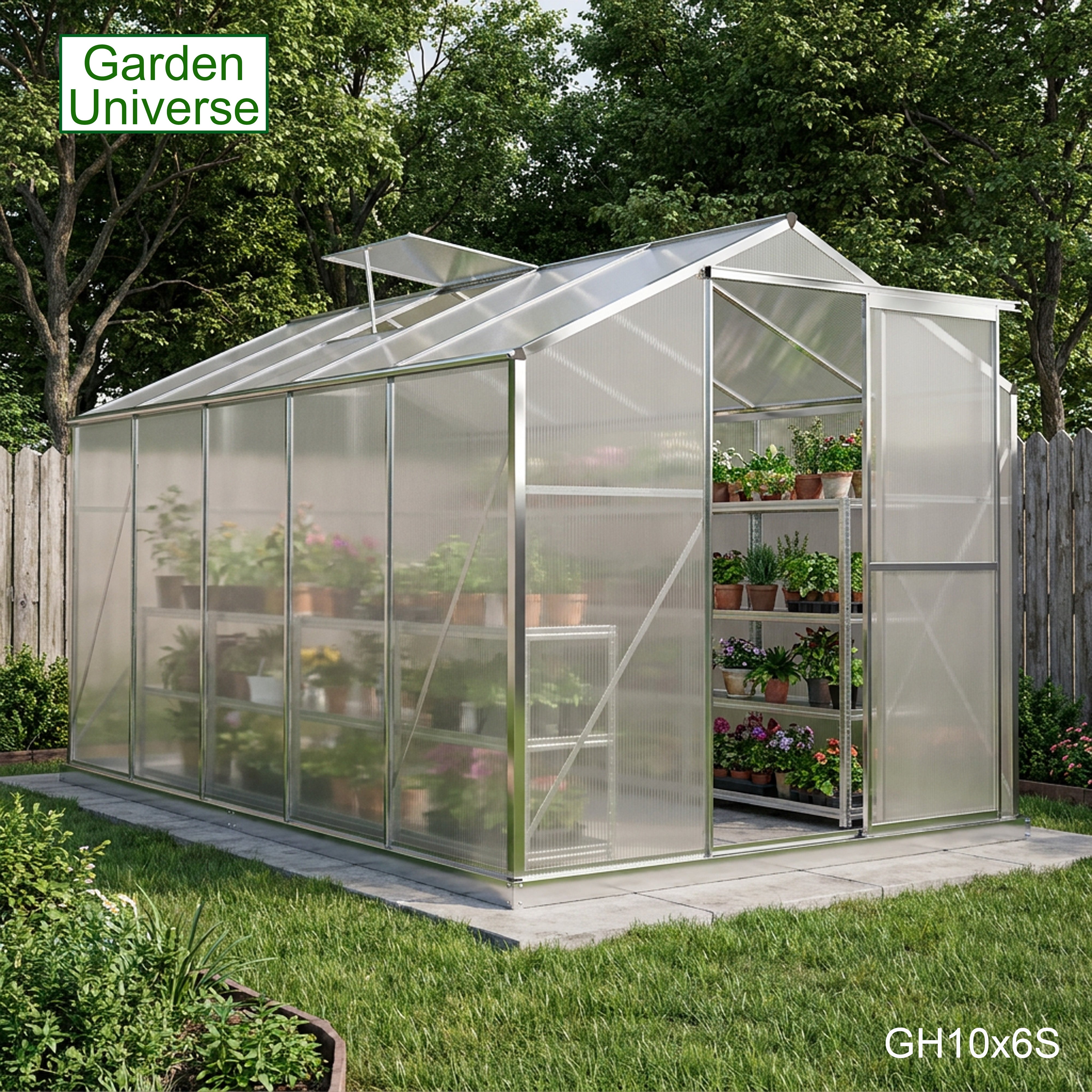 Greenhouse 6' x 10' Silver Aluminium Frame Polycarbonate Panels and Free Base