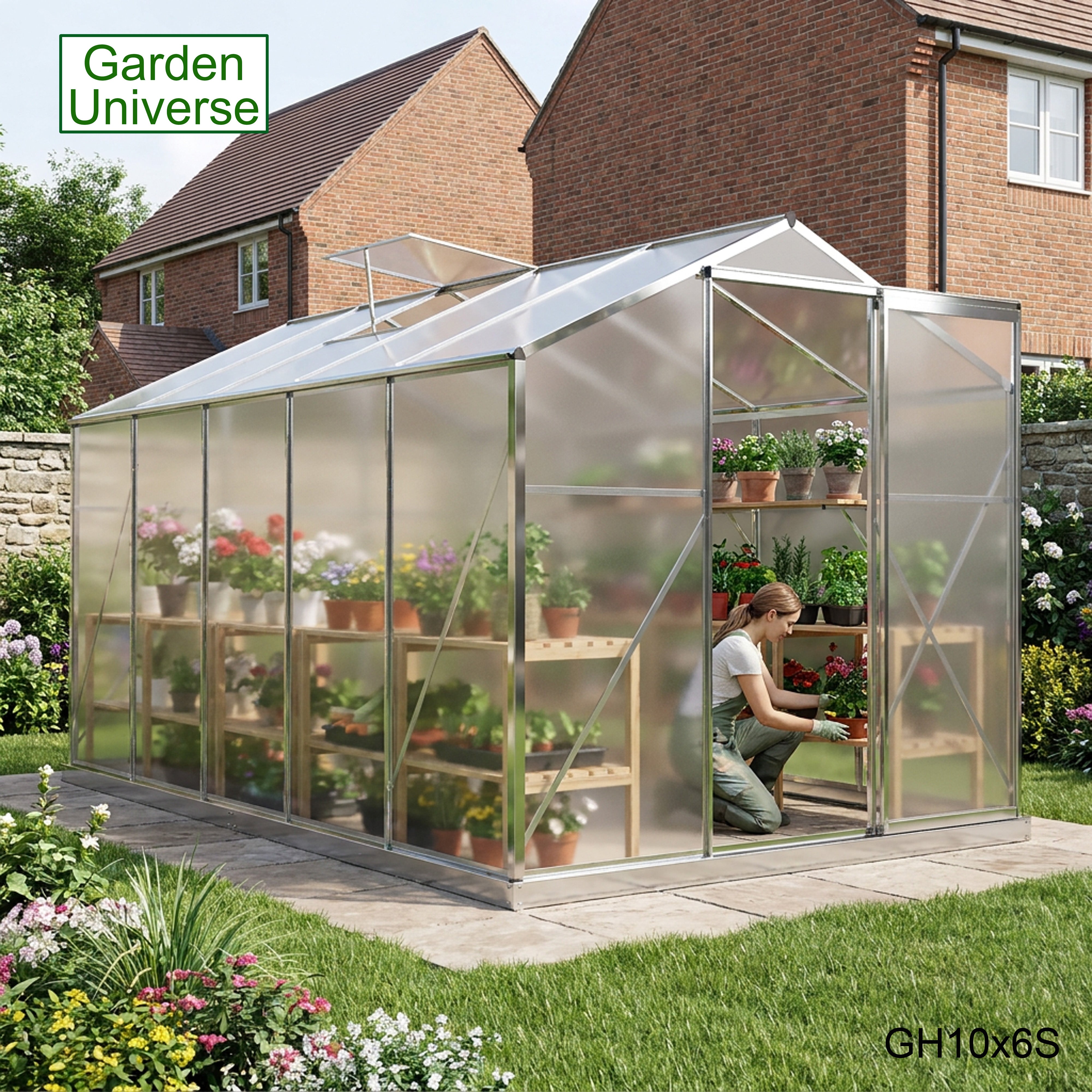 Greenhouse 6' x 10' Silver Aluminium Frame Polycarbonate Panels and Free Base