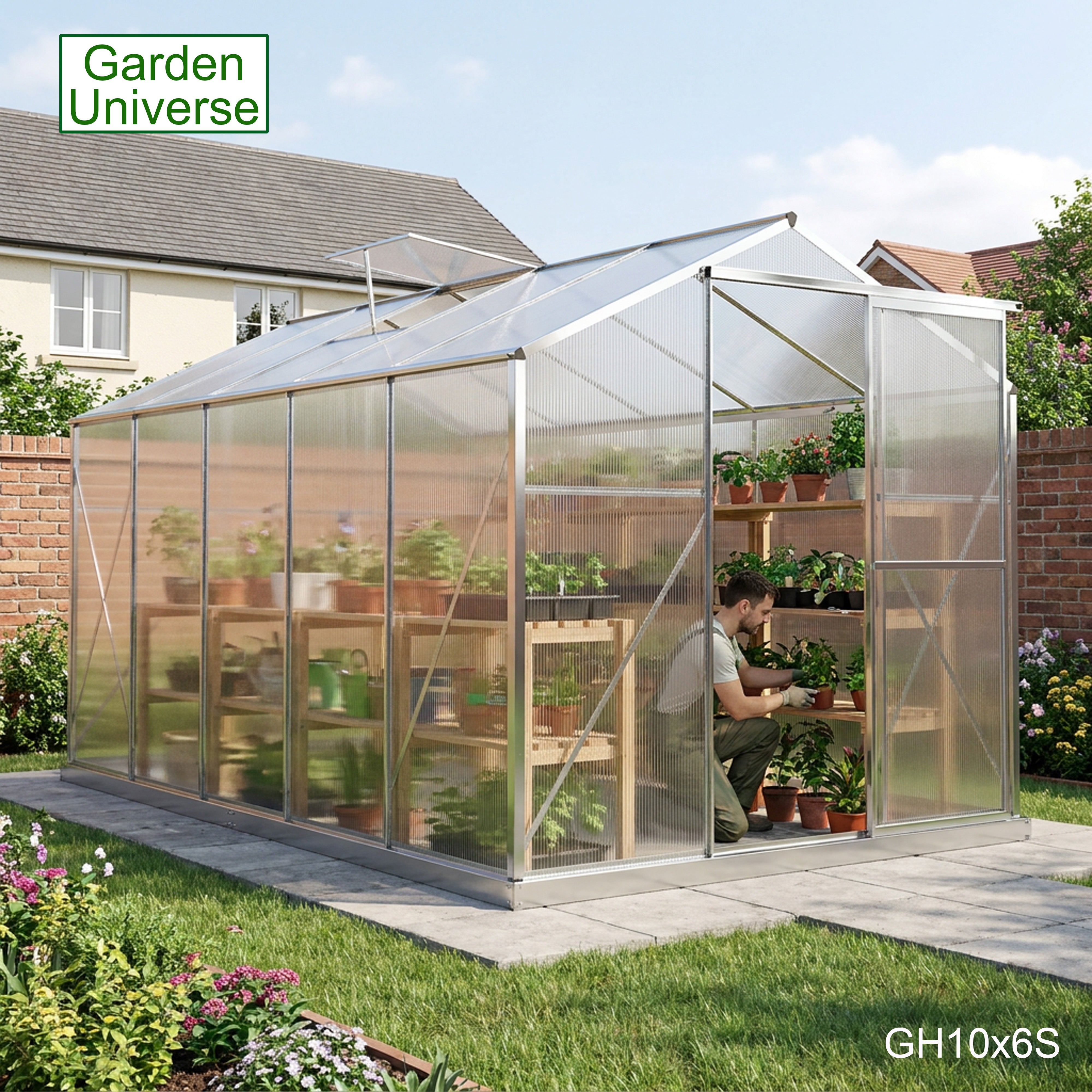 Greenhouse 6' x 10' Silver Aluminium Frame Polycarbonate Panels and Free Base