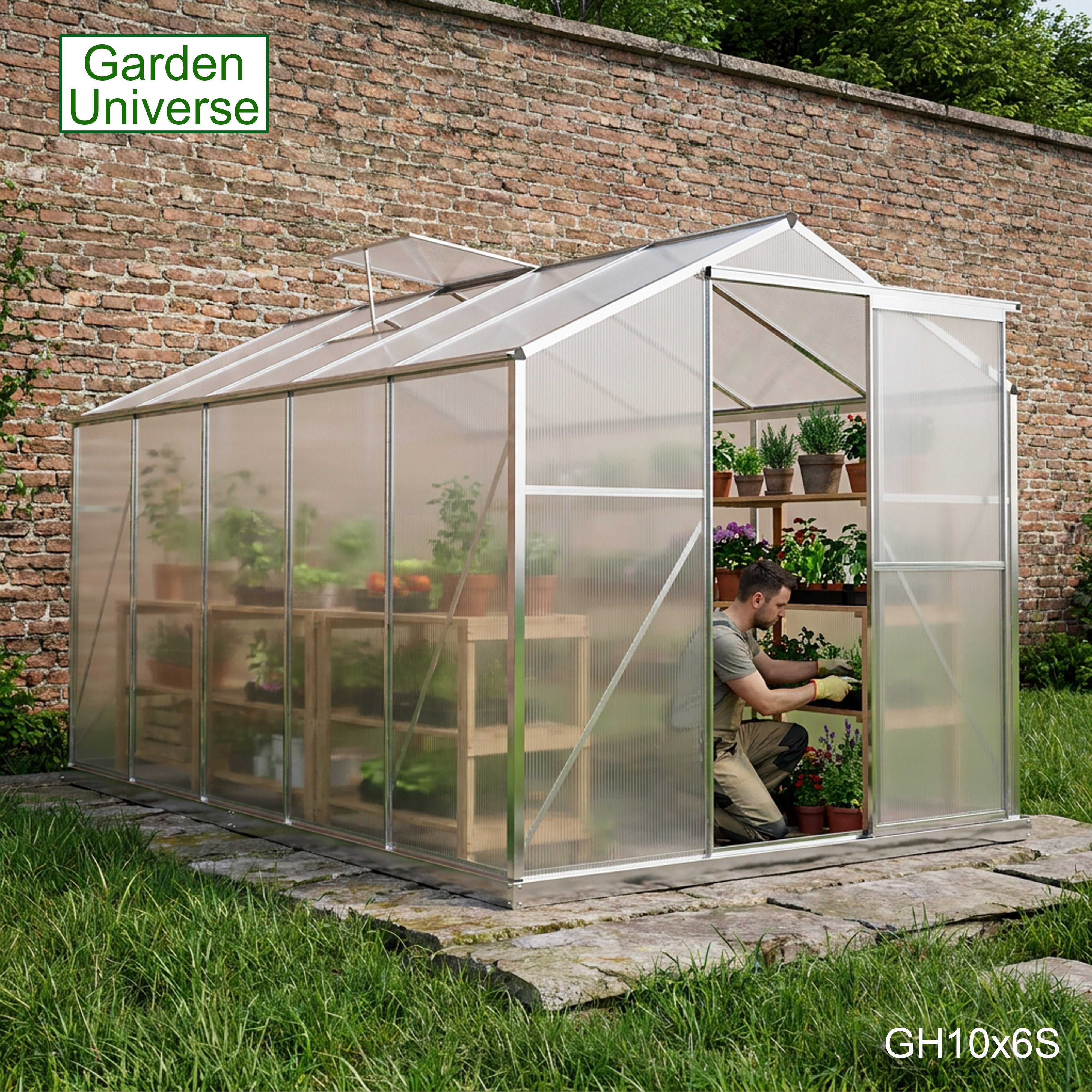 Greenhouse 6' x 10' Silver Aluminium Frame Polycarbonate Panels and Free Base