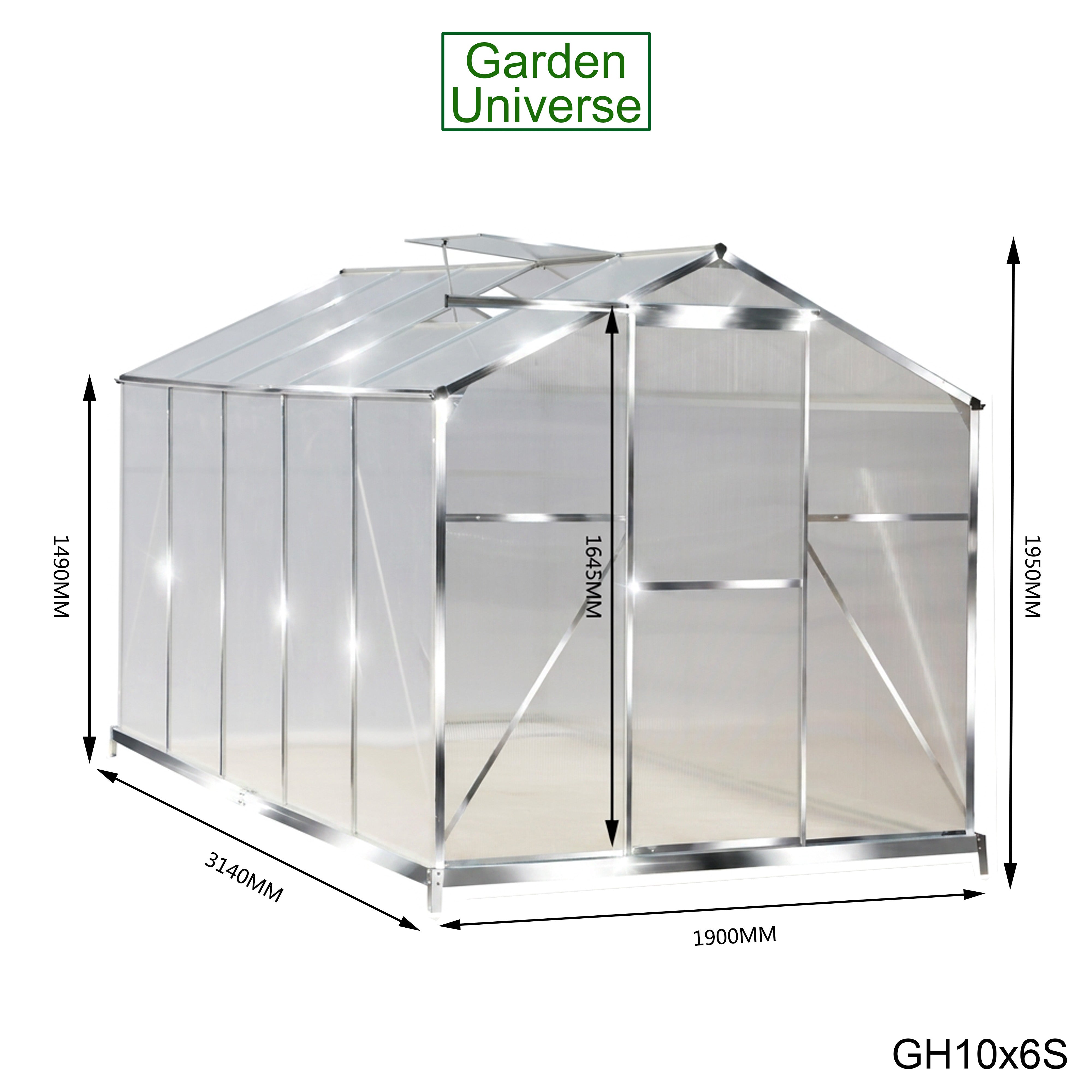 Greenhouse 6' x 10' Silver Aluminium Frame Polycarbonate Panels and Free Base