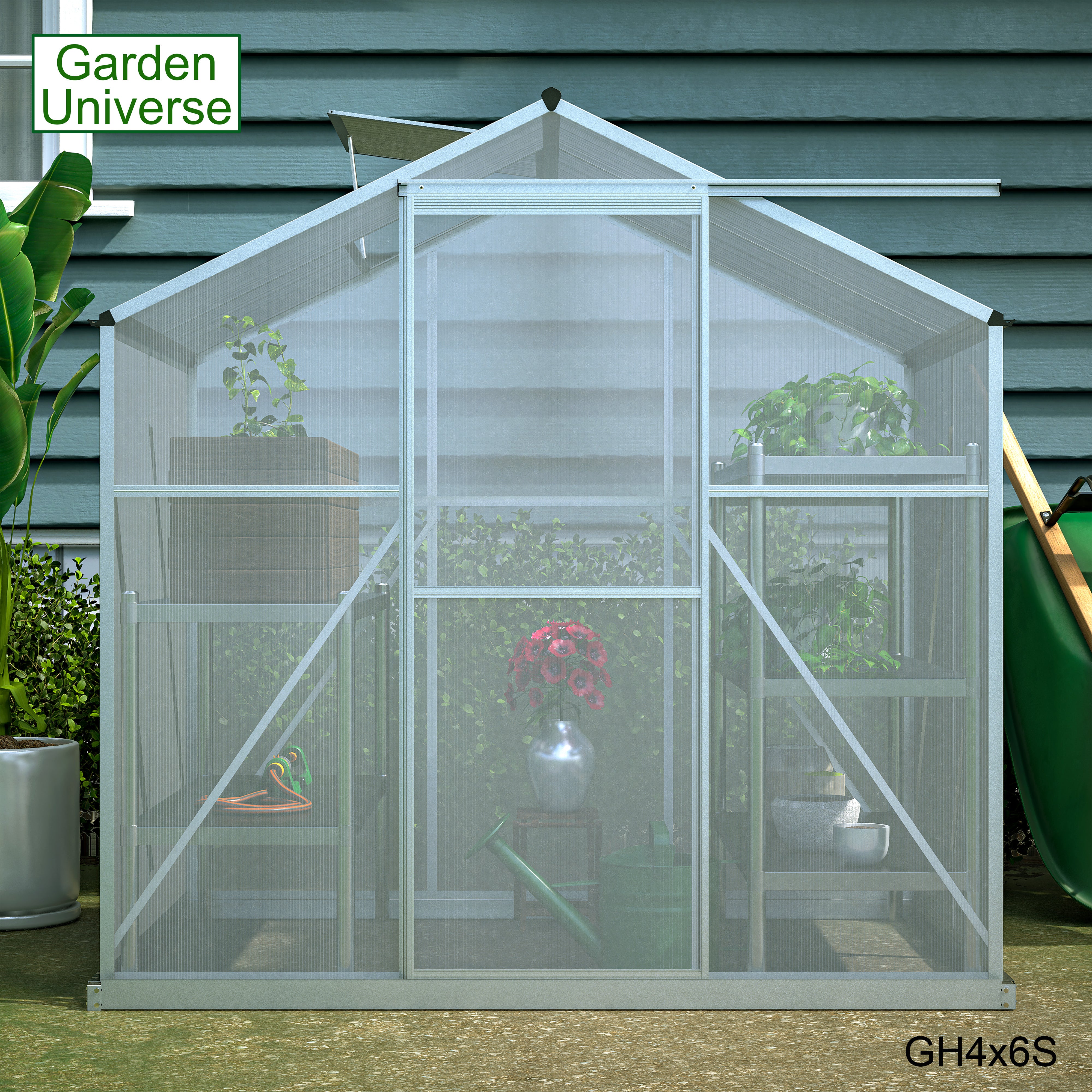 Greenhouse 6' x 4' Silver Aluminium Frame Polycarbonate Panels and Free Base