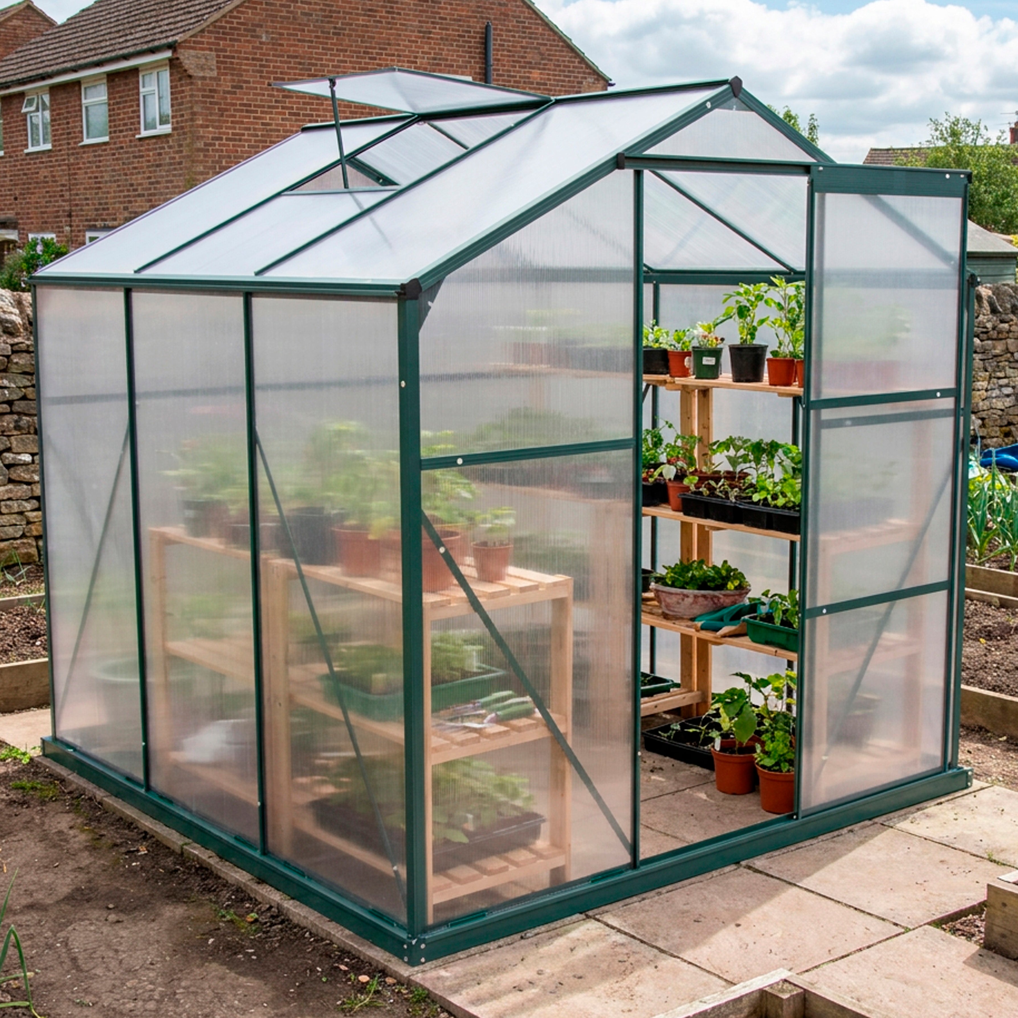 Greenhouse 6' x 6' Green Aluminium Frame Polycarbonate Panels and Free Base