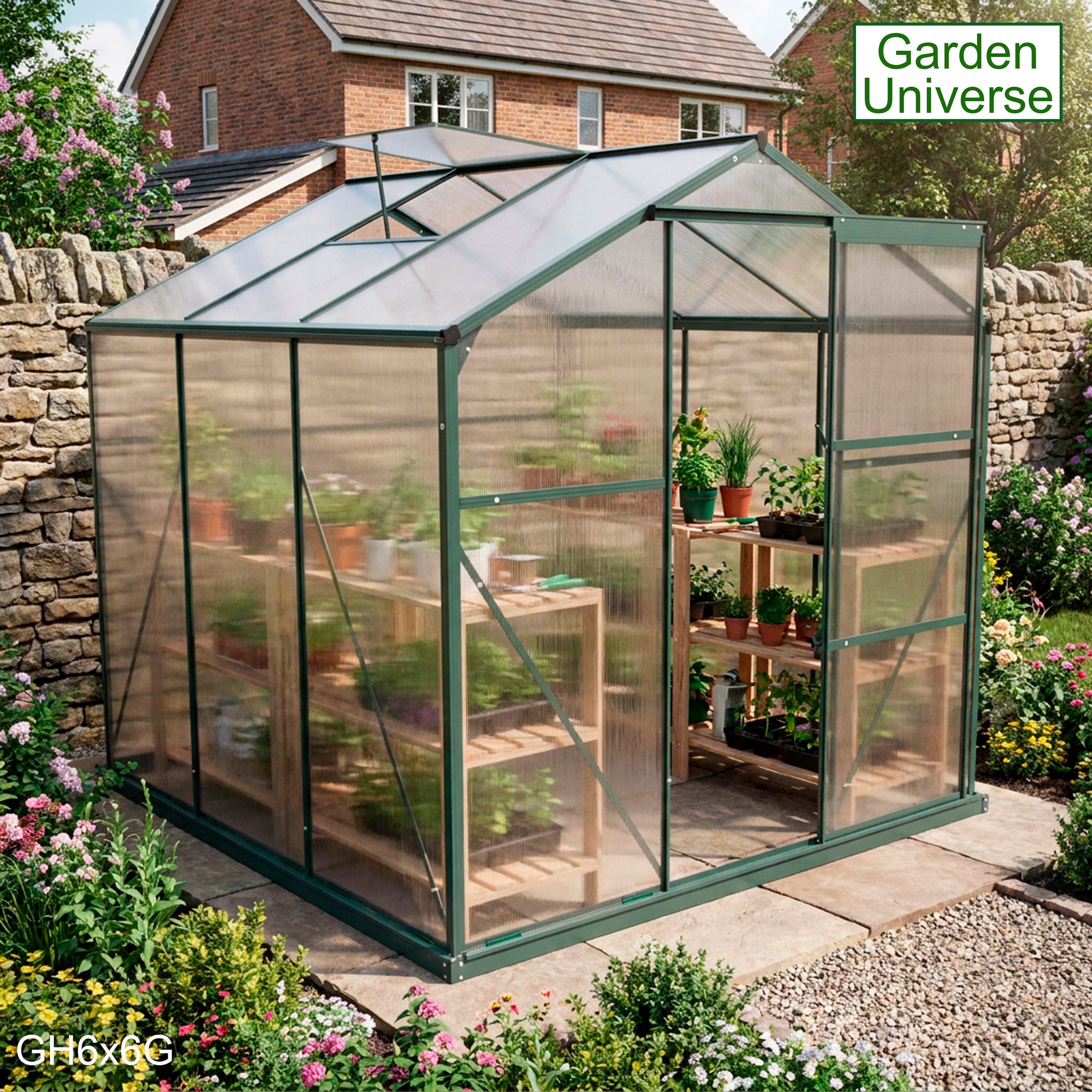 Greenhouse 6' x 6' Green Aluminium Frame Polycarbonate Panels and Free Base